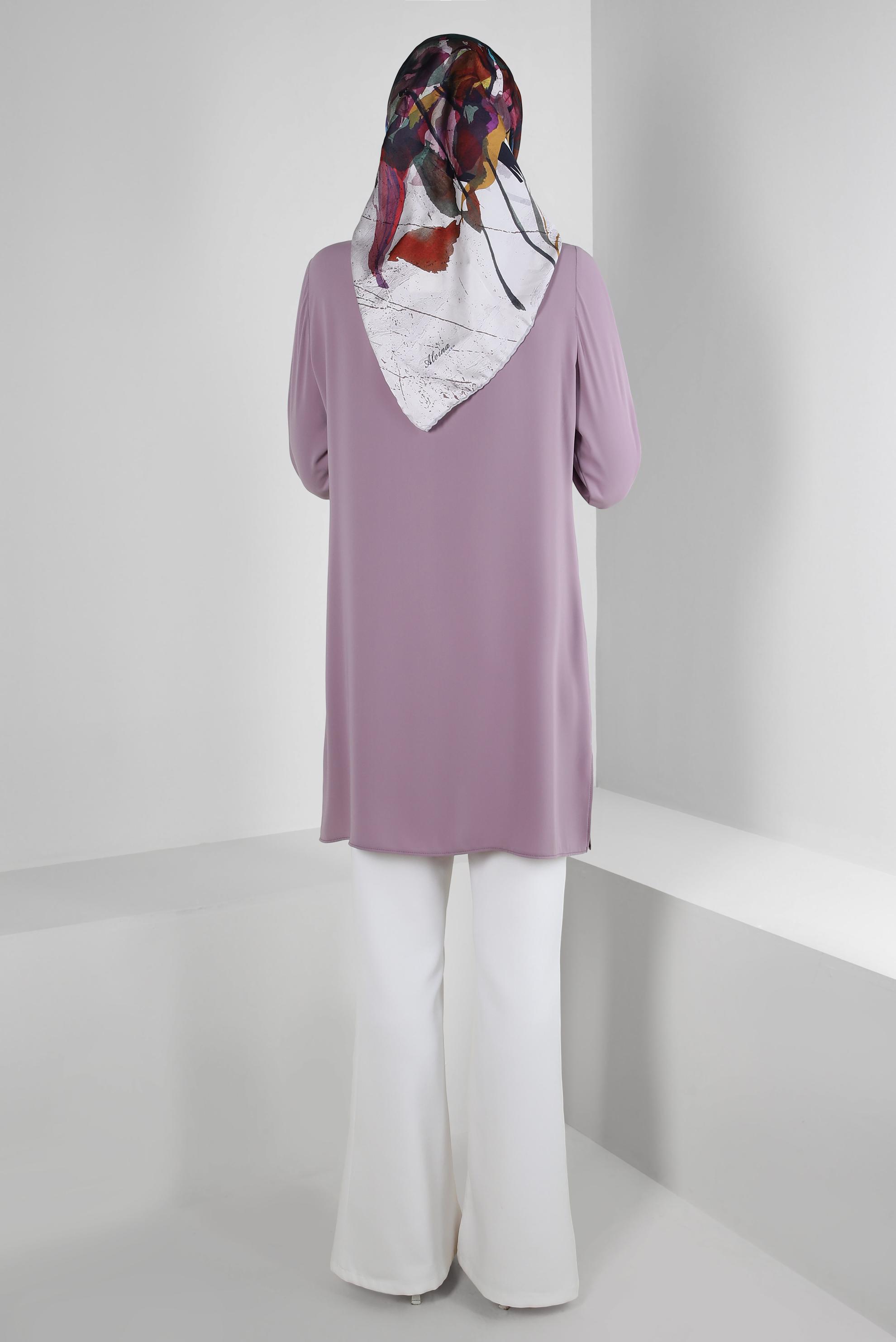 Tesettür giyim MOR TAŞ İŞLEMELİ MANŞETLERİ DÜĞMELİ TUNİK 43501