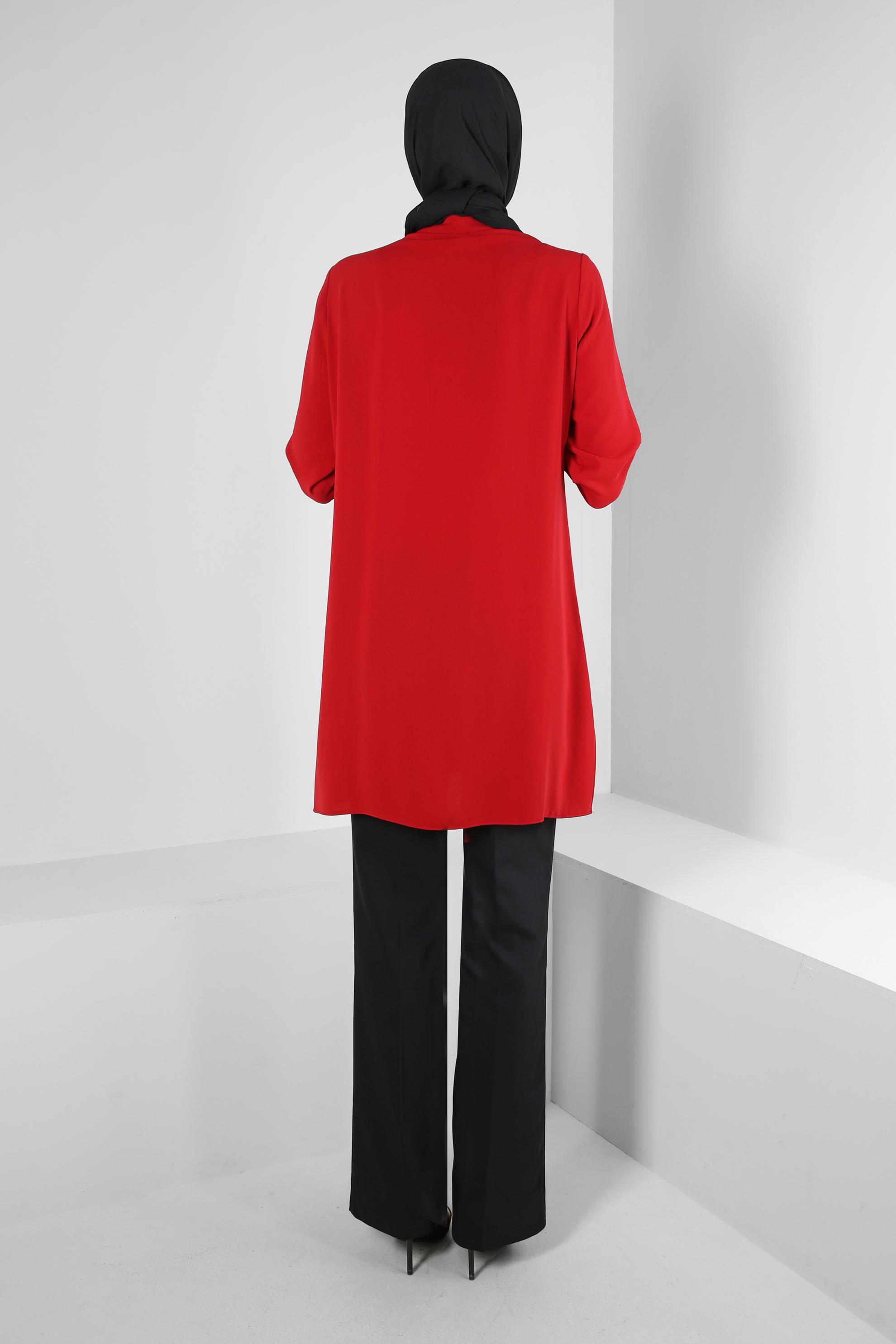 Tesettür giyim KIRMIZI TAŞ İŞLEMELİ MANŞETLERİ DÜĞMELİ TUNİK 43501