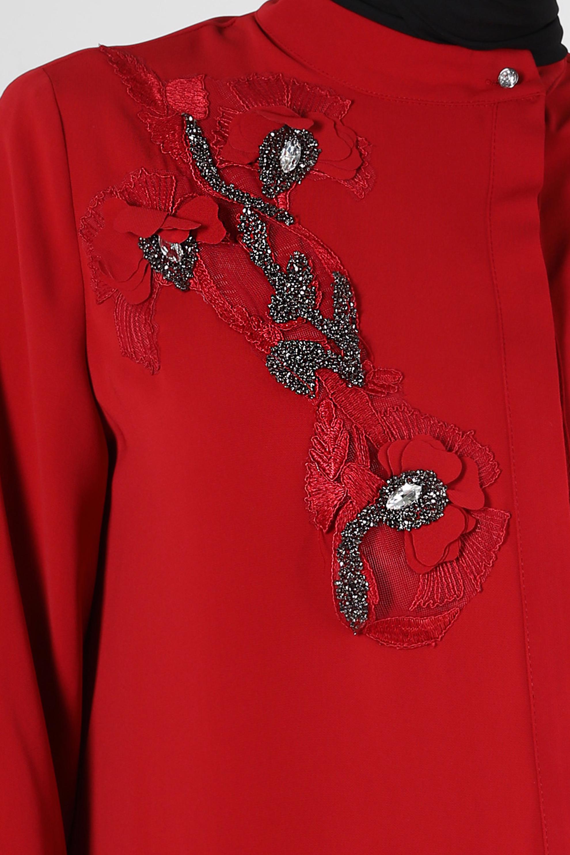 Tesettür giyim KIRMIZI TAŞ İŞLEMELİ MANŞETLERİ DÜĞMELİ TUNİK 43501