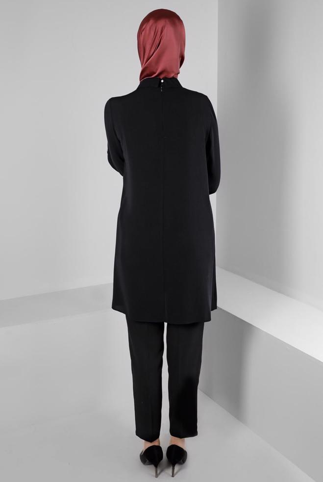 Vêtements hijab NOIR TUNIQUE À MANCHES SUSPENDUES AVEC ACCESSOIRE FLEUR 43503 - ALVİNA