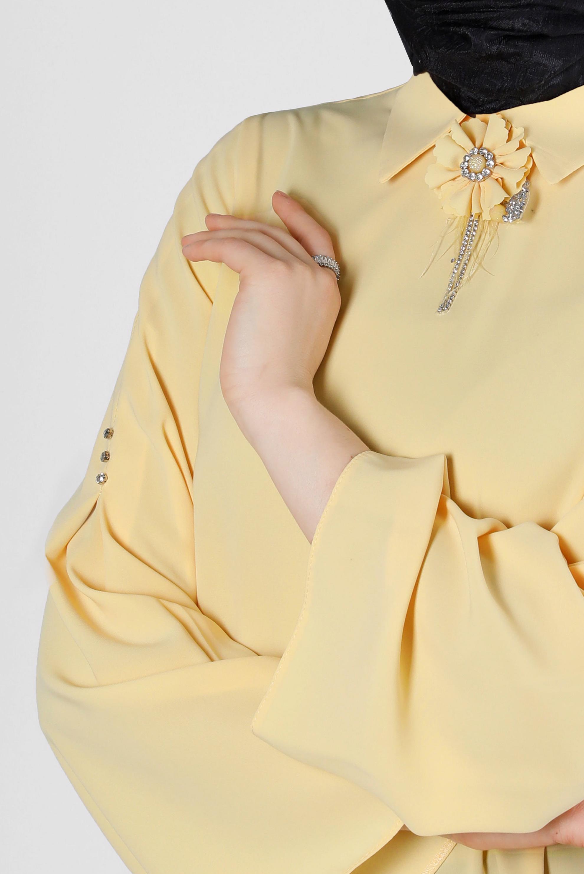 Tesettür giyim SARI İSPANYOL KOL ÇİÇEK AKSESUARLI TUNİK 43503