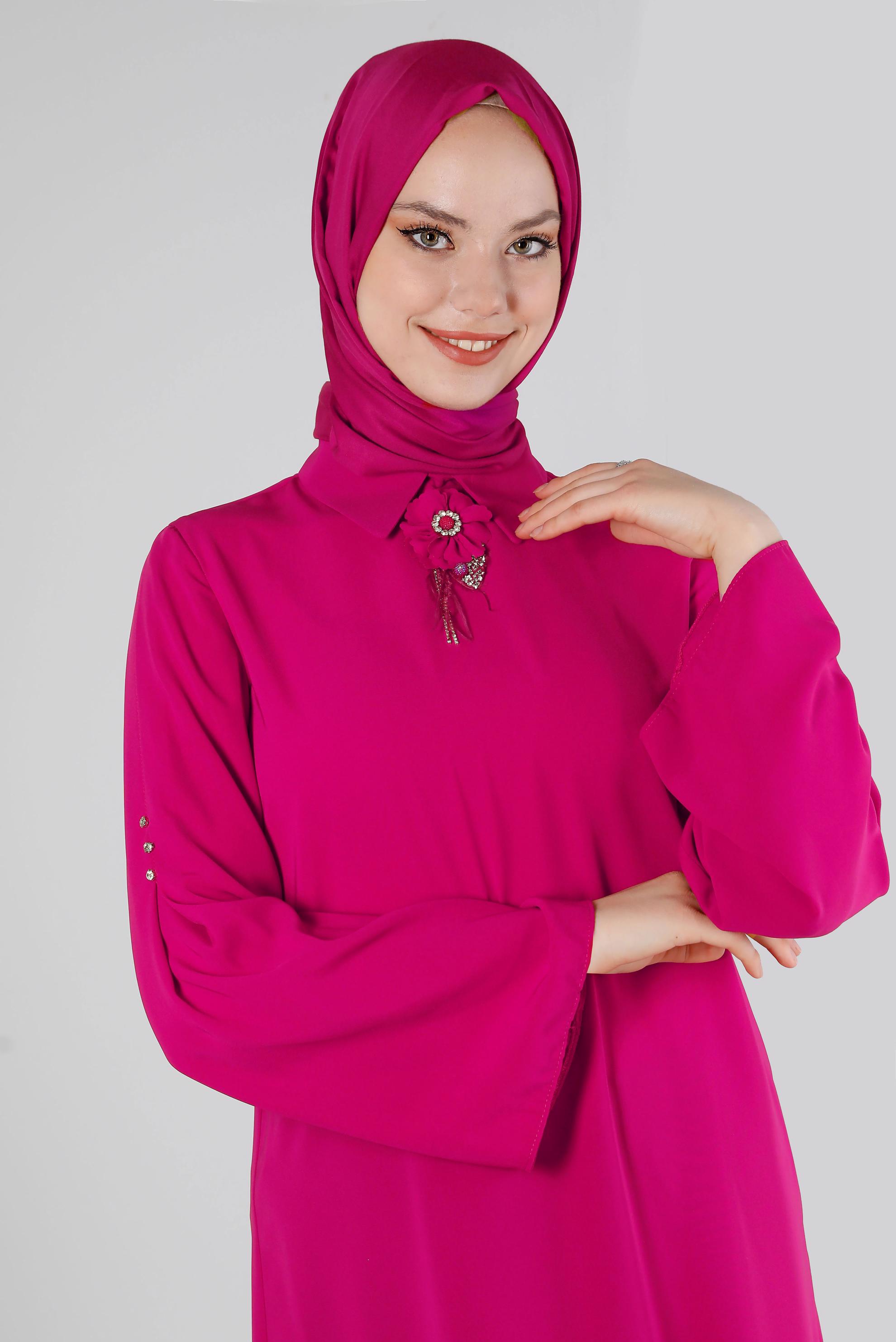 Tesettür giyim FUŞYA İSPANYOL KOL ÇİÇEK AKSESUARLI TUNİK 43503