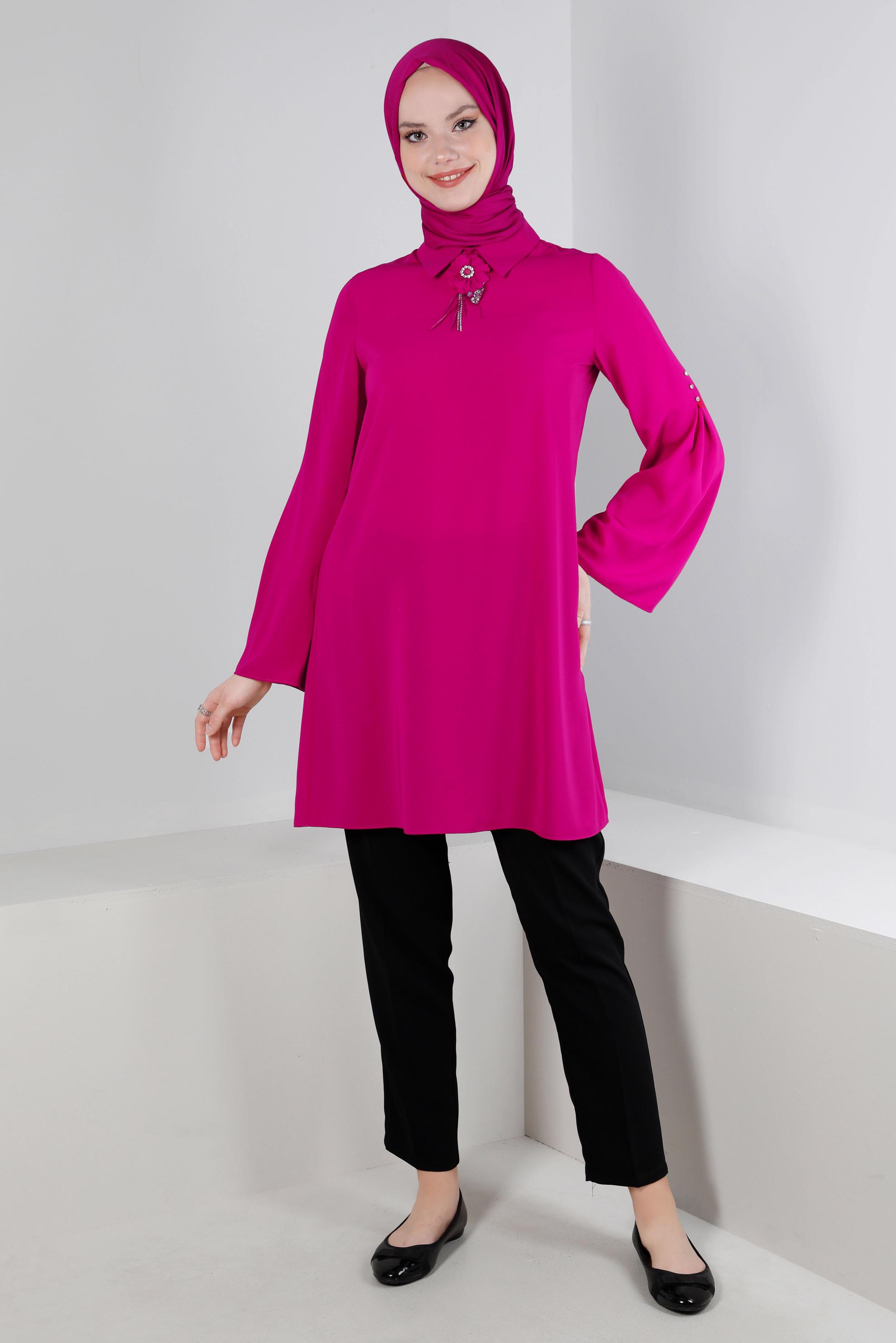 Tesettür giyim FUŞYA İSPANYOL KOL ÇİÇEK AKSESUARLI TUNİK 43503
