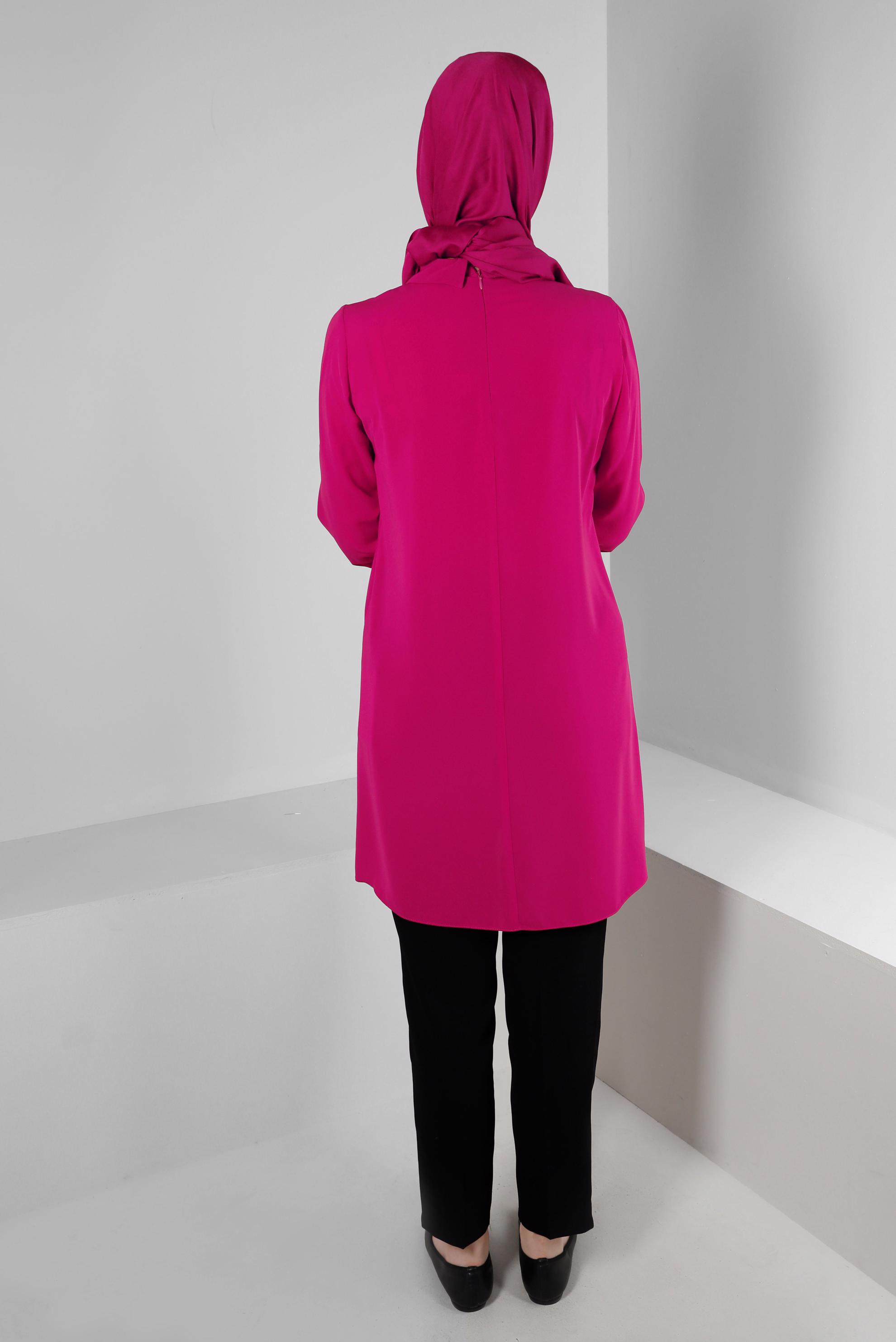 Tesettür giyim FUŞYA İSPANYOL KOL ÇİÇEK AKSESUARLI TUNİK 43503