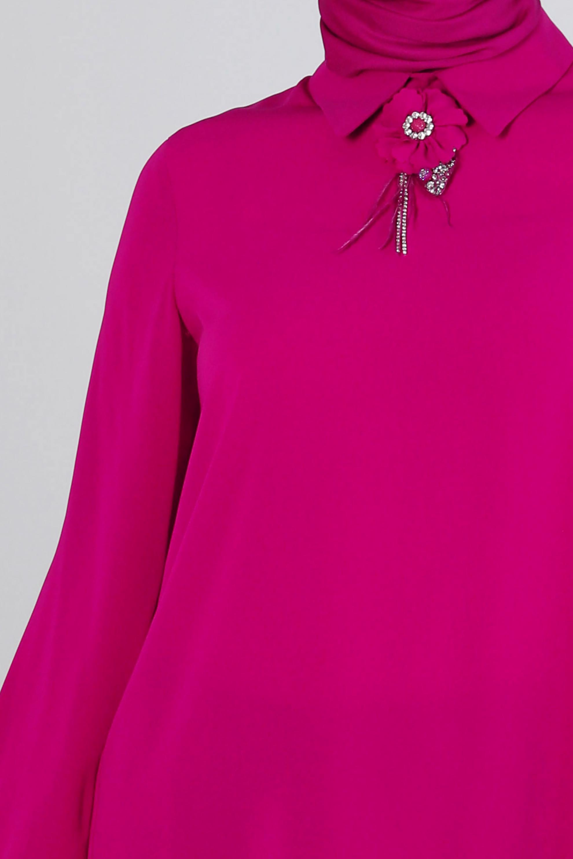 Tesettür giyim FUŞYA İSPANYOL KOL ÇİÇEK AKSESUARLI TUNİK 43503