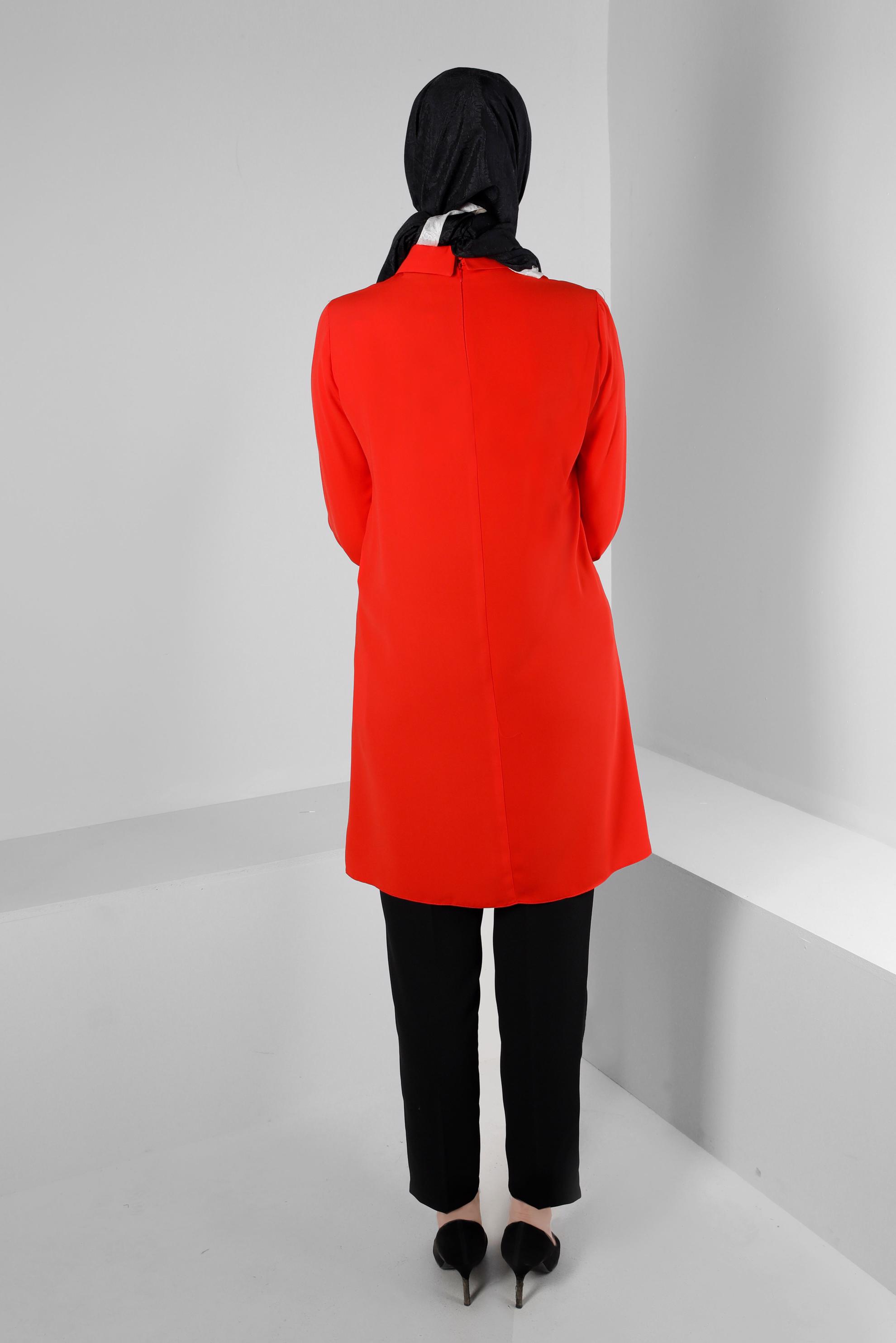 Tesettür giyim KIRMIZI İSPANYOL KOL ÇİÇEK AKSESUARLI TUNİK 43503