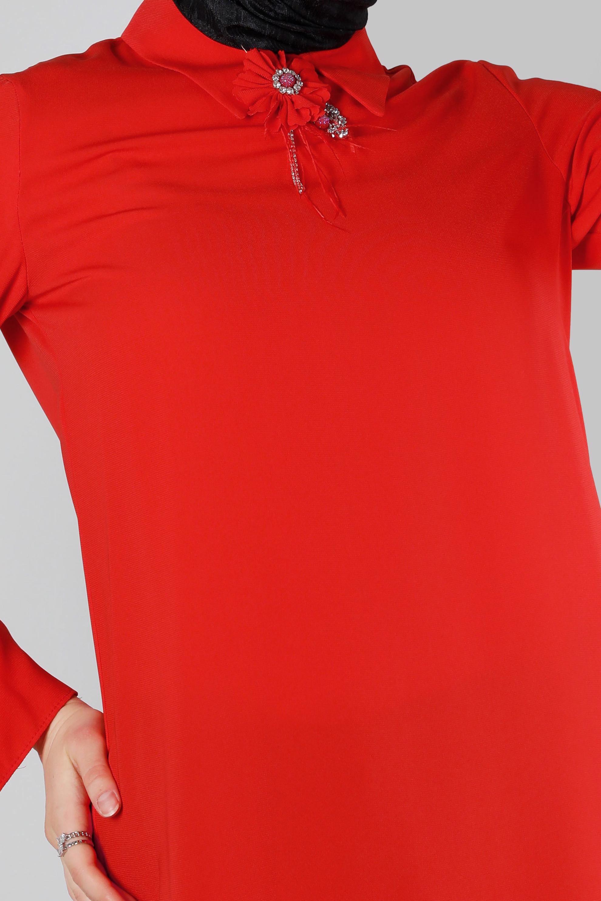 Tesettür giyim KIRMIZI İSPANYOL KOL ÇİÇEK AKSESUARLI TUNİK 43503