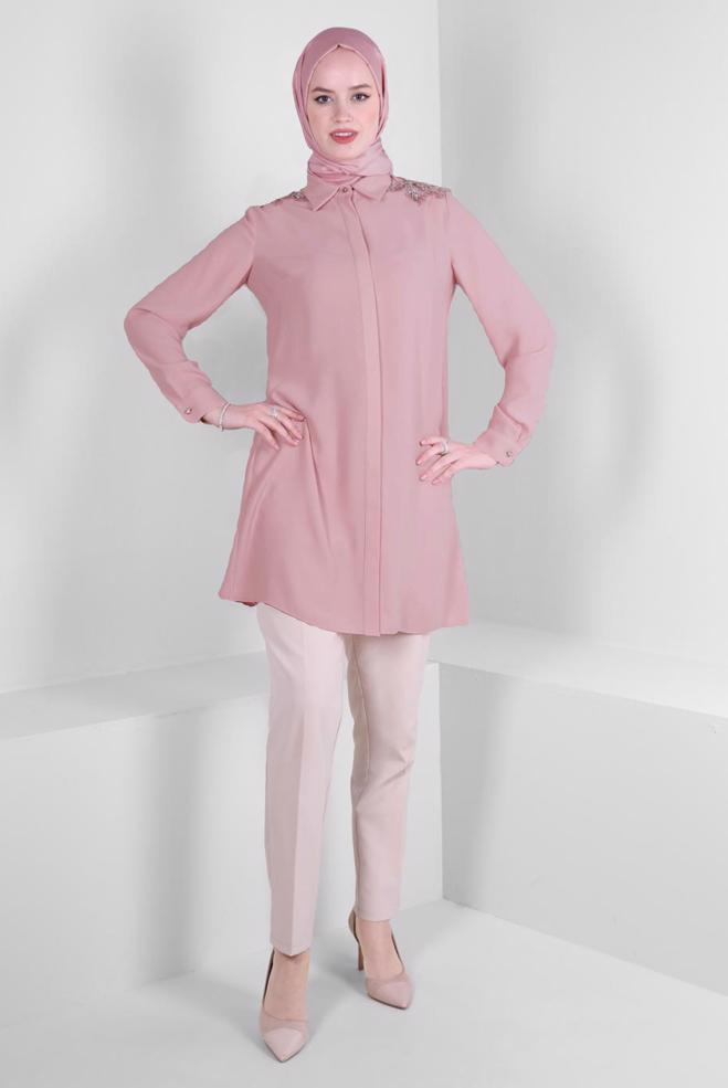 Vêtements hijab POUDRE TUNIQUE BRODÉE GEM AVEC BOUTONS INVISIBLES 43504 - ALVİNA