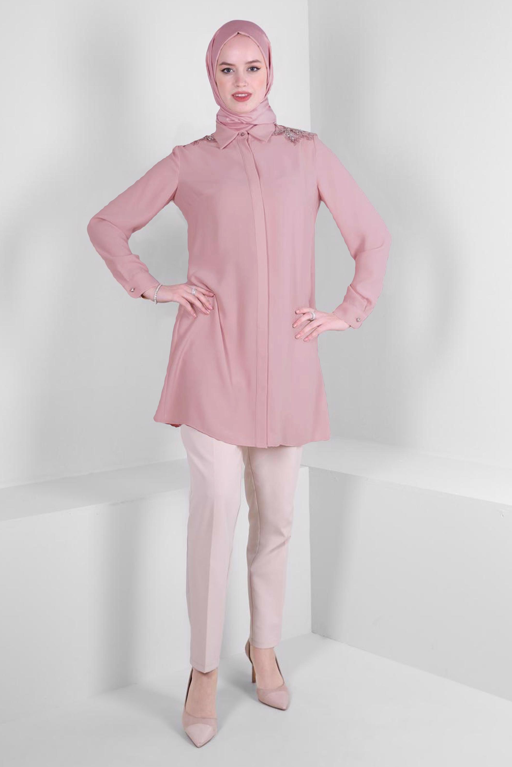Vêtements hijab POUDRE TUNIQUE BRODÉE GEM AVEC BOUTONS INVISIBLES 43504