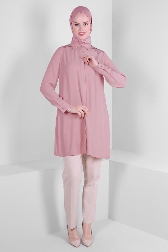 Vêtements hijab POUDRE TUNIQUE BRODÉE GEM AVEC BOUTONS INVISIBLES 43504 - ALVİNA