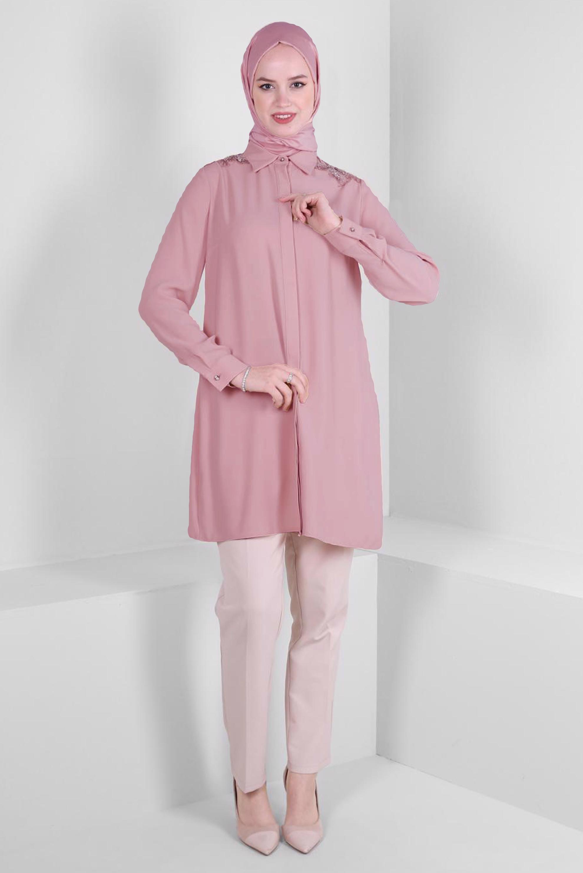 Vêtements hijab POUDRE TUNIQUE BRODÉE GEM AVEC BOUTONS INVISIBLES 43504