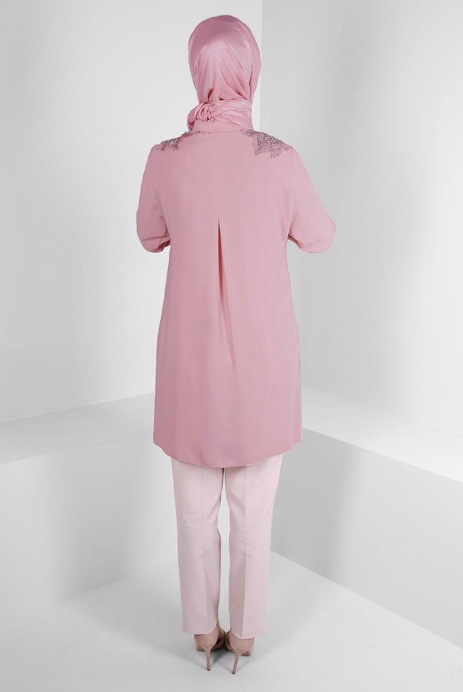 Vêtements hijab POUDRE TUNIQUE BRODÉE GEM AVEC BOUTONS INVISIBLES 43504 - ALVİNA