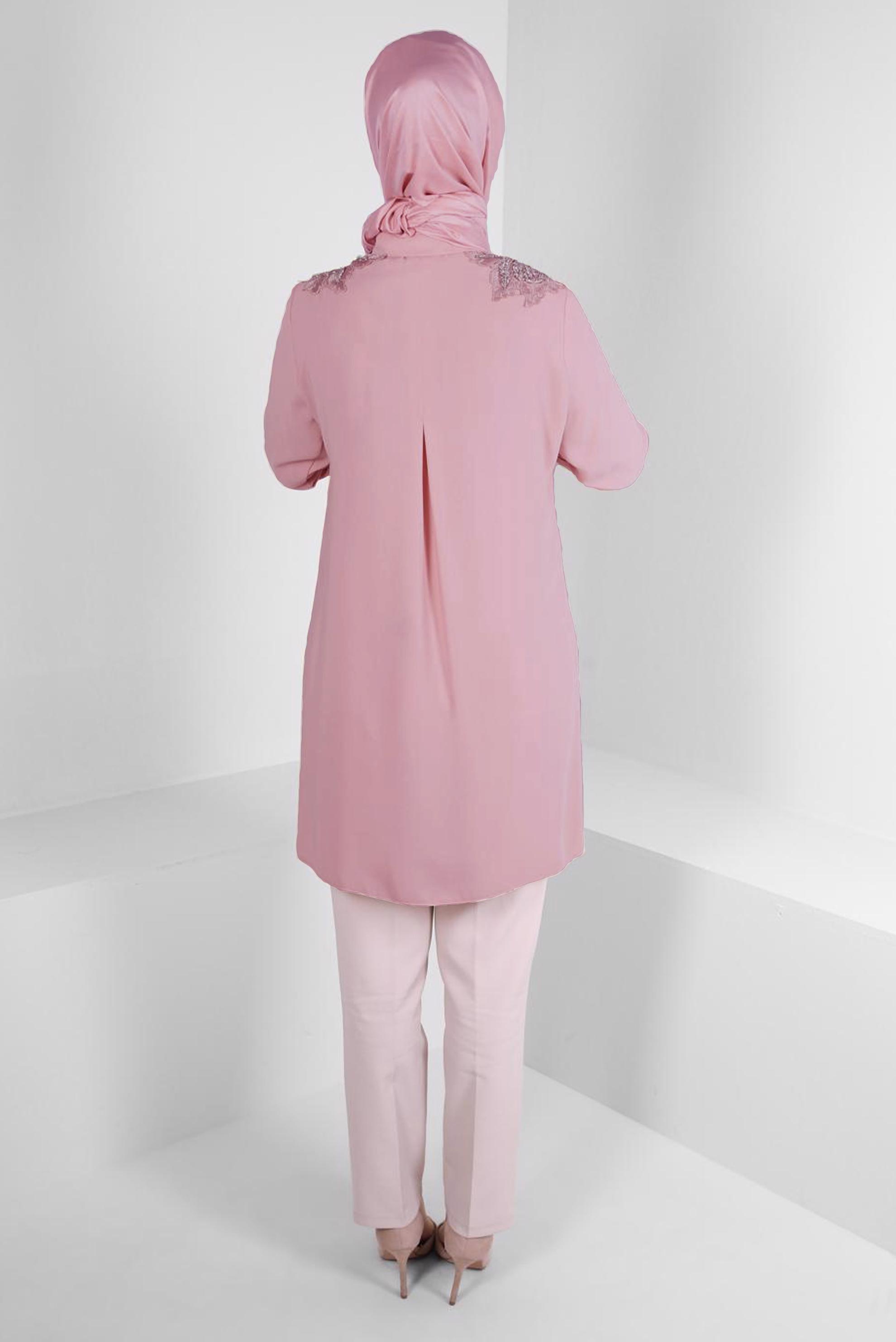 Vêtements hijab POUDRE TUNIQUE BRODÉE GEM AVEC BOUTONS INVISIBLES 43504