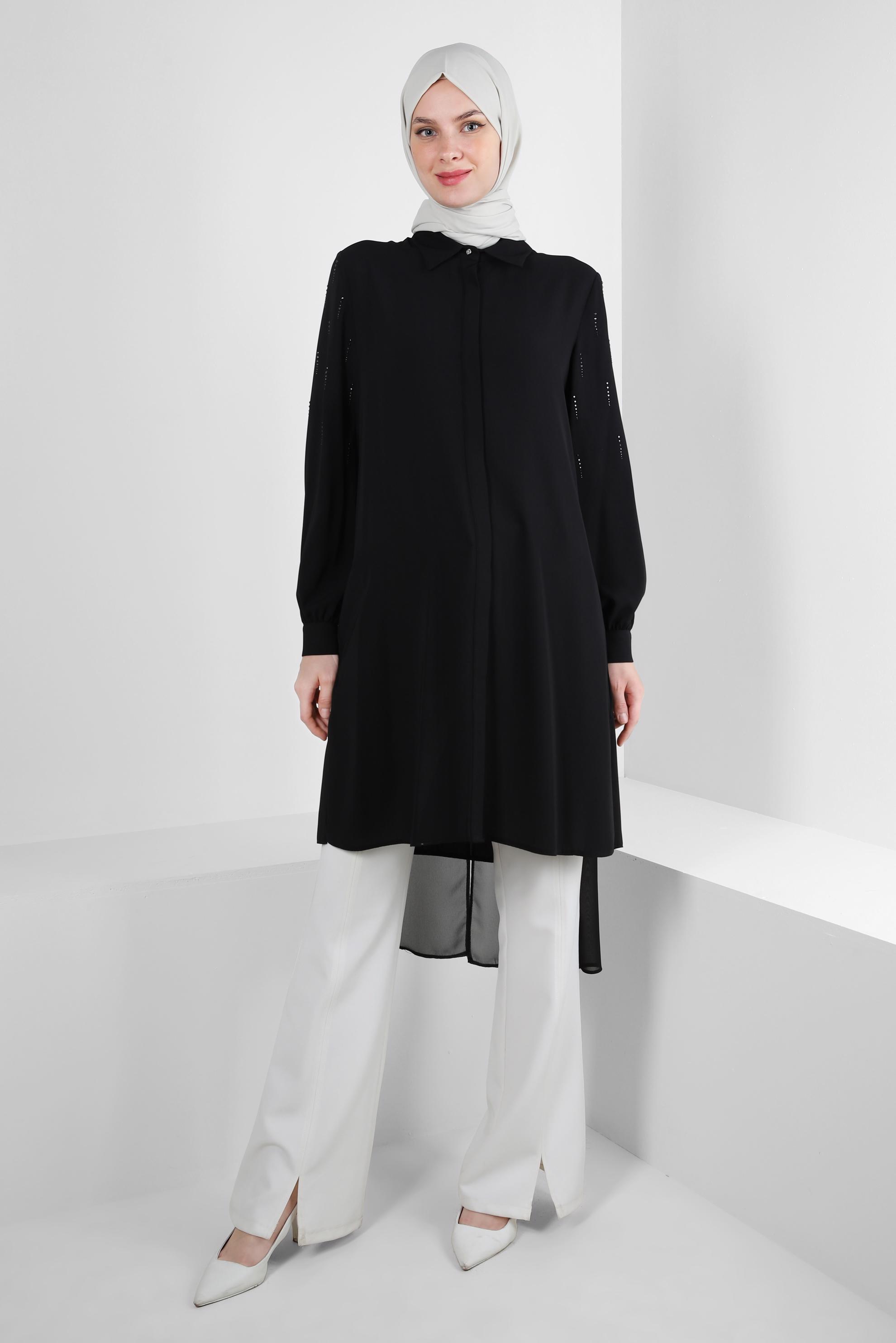 Tesettür giyim SİYAH TAŞ BASKILI ASİMETRİK KESİM GÖMLEK TUNİK 43505