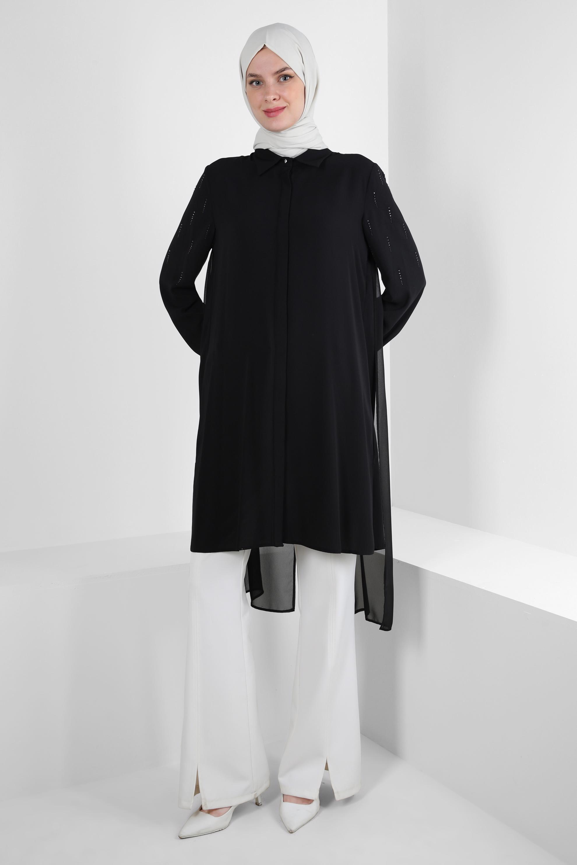 Tesettür giyim SİYAH TAŞ BASKILI ASİMETRİK KESİM GÖMLEK TUNİK 43505