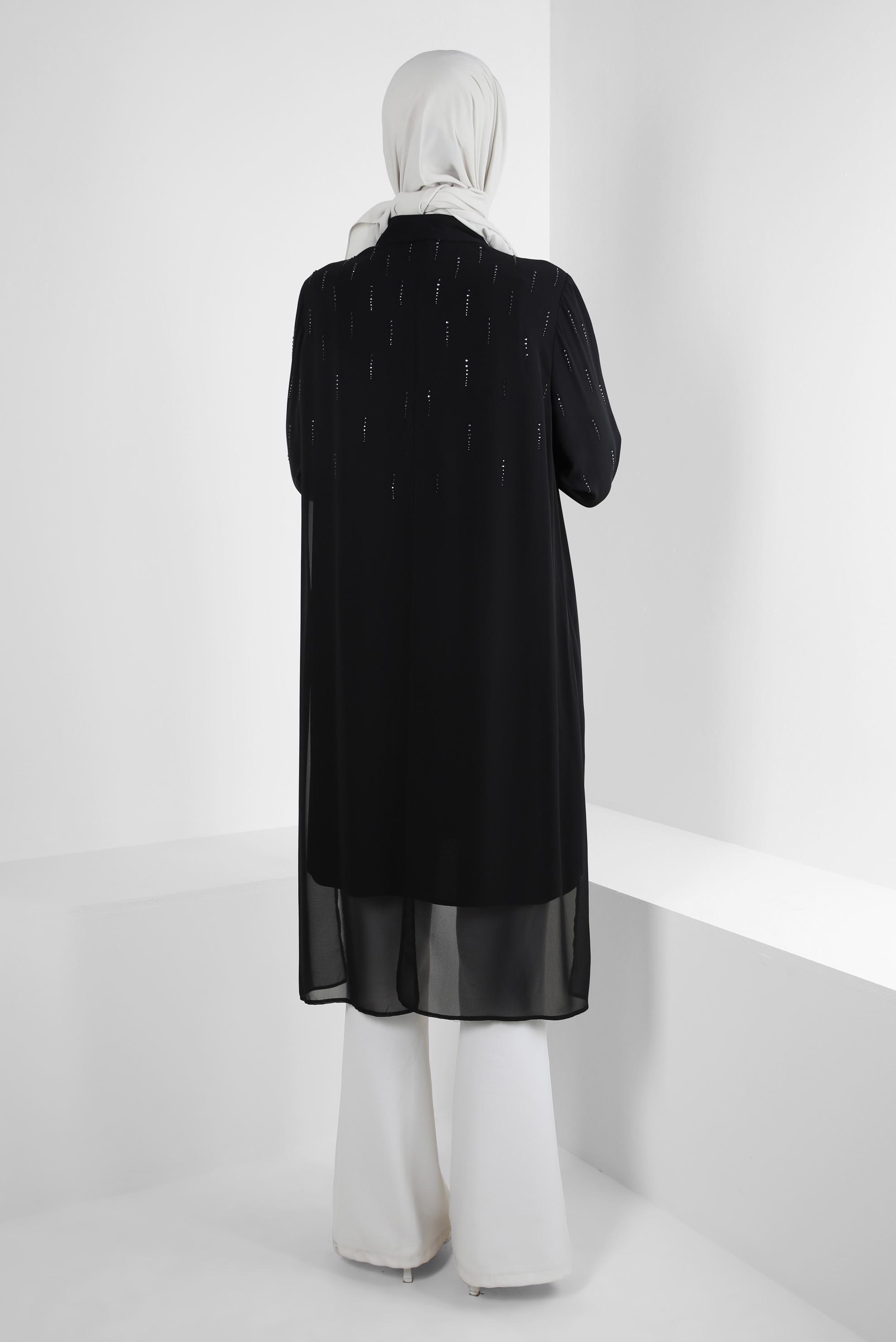 Tesettür giyim SİYAH TAŞ BASKILI ASİMETRİK KESİM GÖMLEK TUNİK 43505