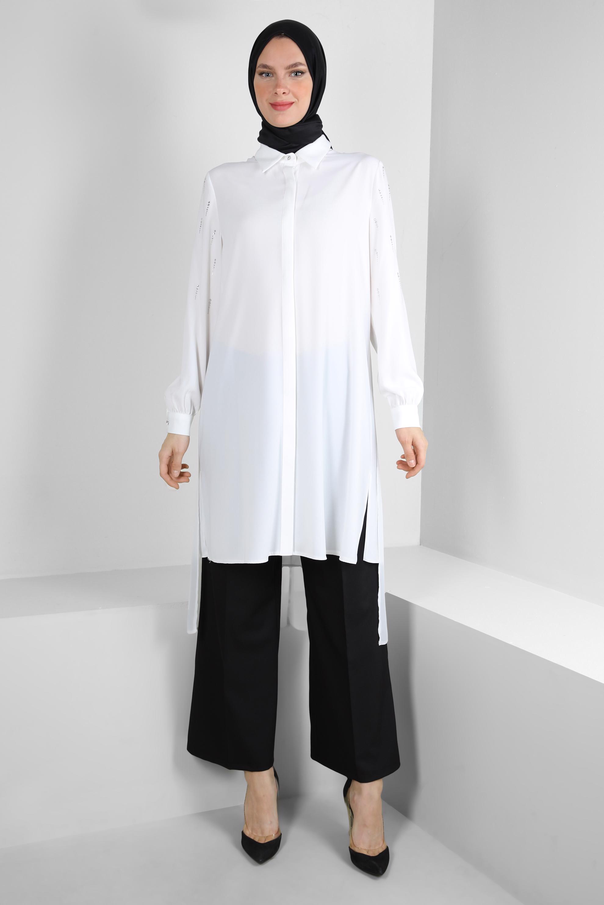 Tesettür giyim BEYAZ TAŞ BASKILI ASİMETRİK KESİM GÖMLEK TUNİK 43505