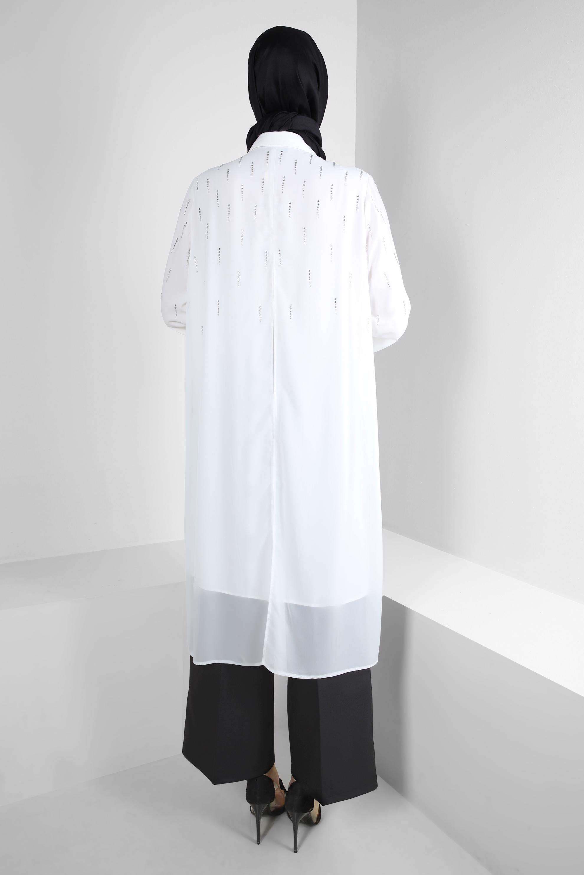 Tesettür giyim BEYAZ TAŞ BASKILI ASİMETRİK KESİM GÖMLEK TUNİK 43505