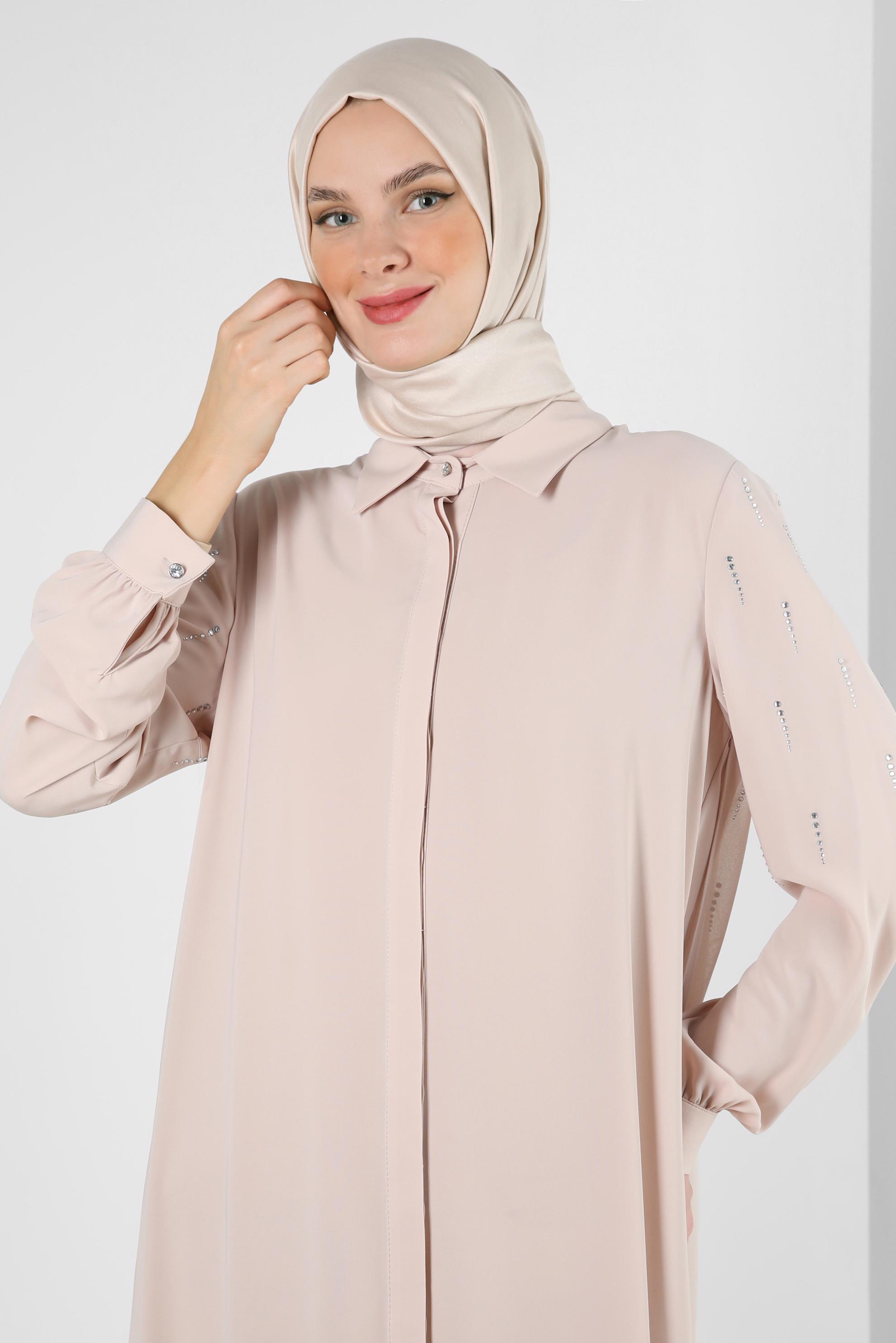 Tesettür giyim BEJ TAŞ BASKILI ASİMETRİK KESİM GÖMLEK TUNİK 43505