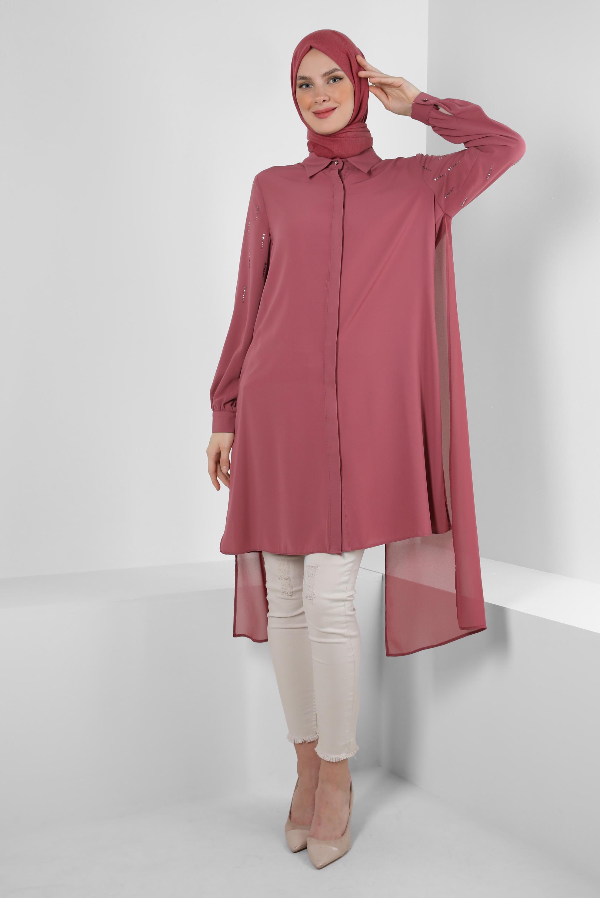 Tesettür giyim PEMBE TAŞ BASKILI ASİMETRİK KESİM GÖMLEK TUNİK 43505