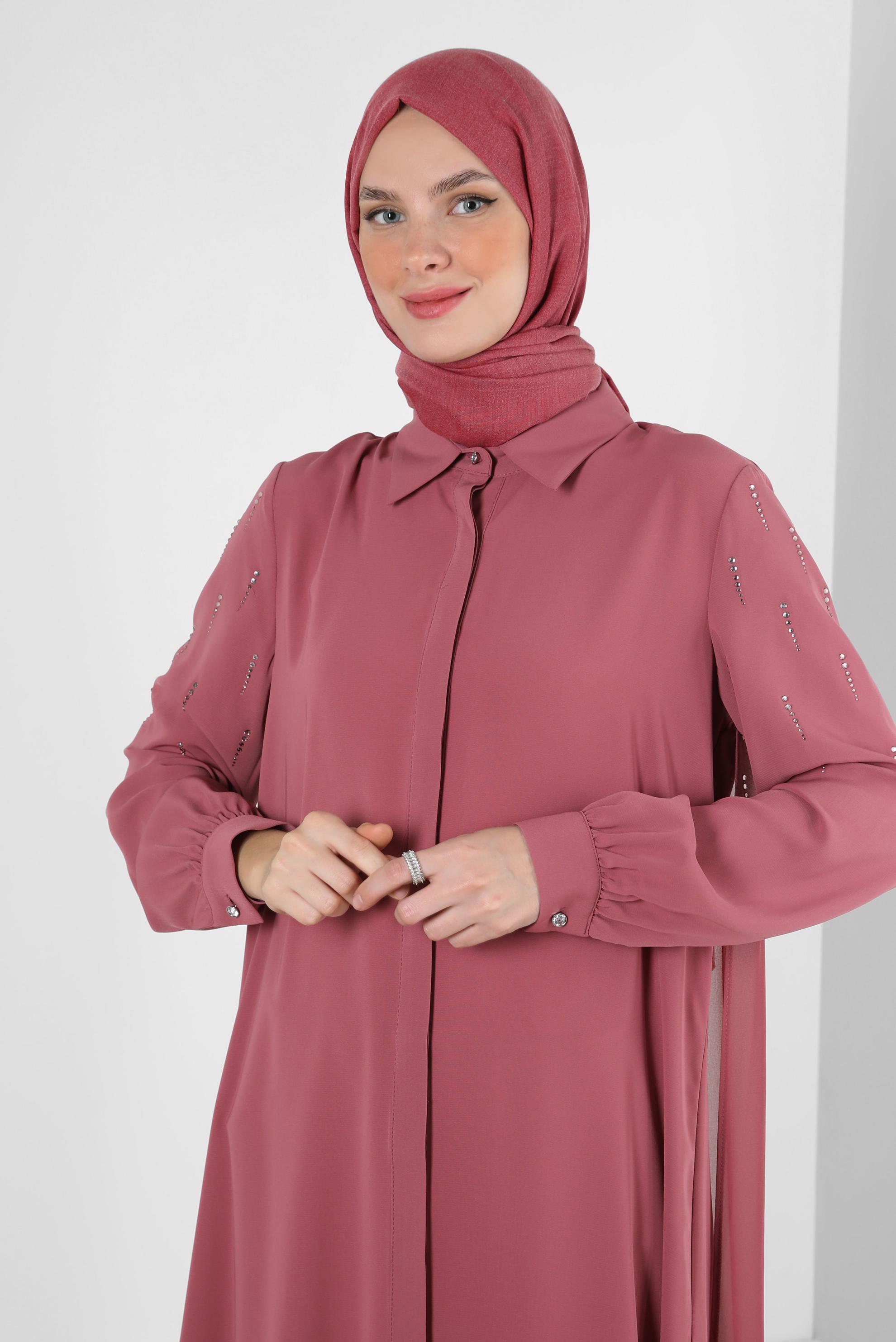 Tesettür giyim PEMBE TAŞ BASKILI ASİMETRİK KESİM GÖMLEK TUNİK 43505
