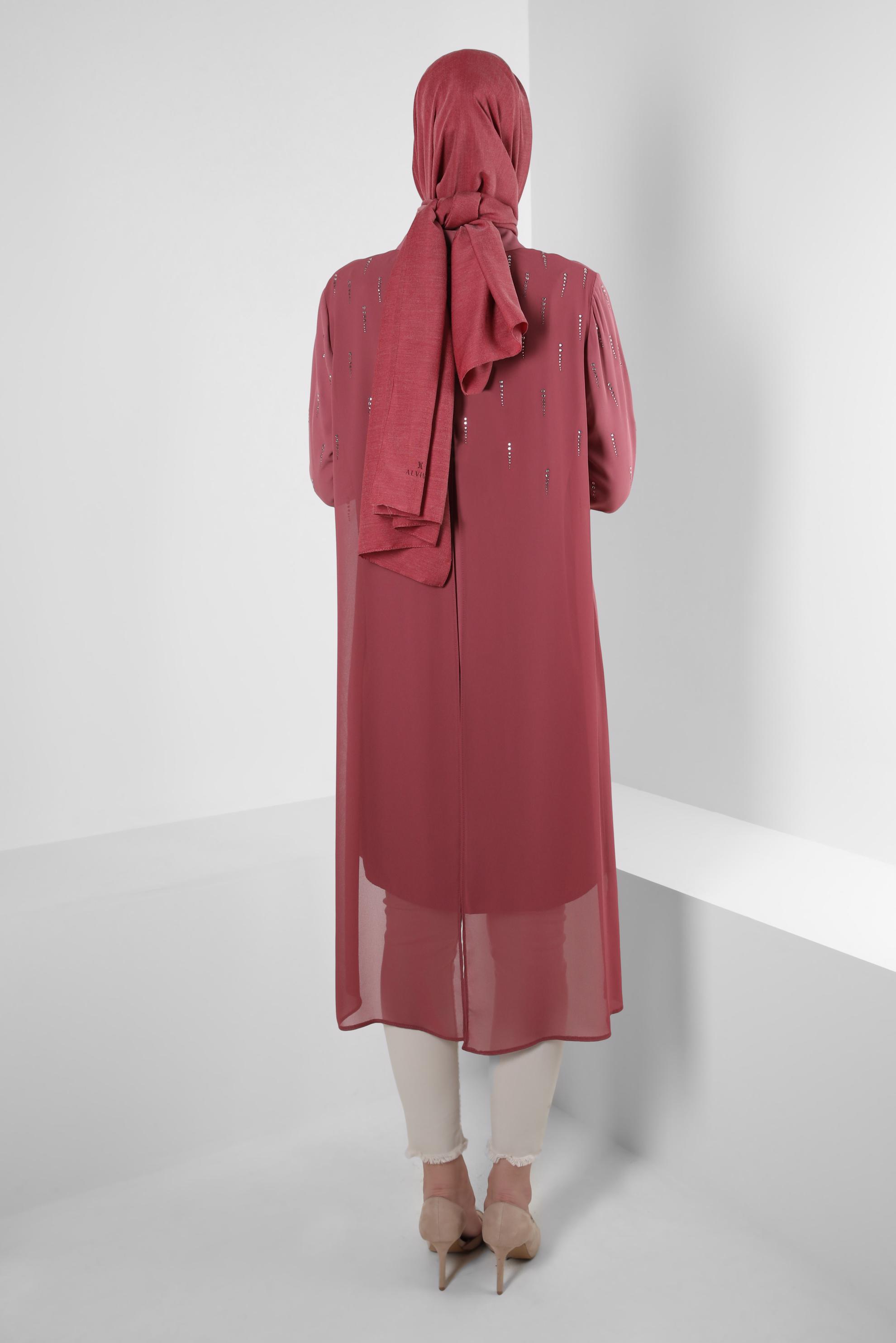 Tesettür giyim PEMBE TAŞ BASKILI ASİMETRİK KESİM GÖMLEK TUNİK 43505