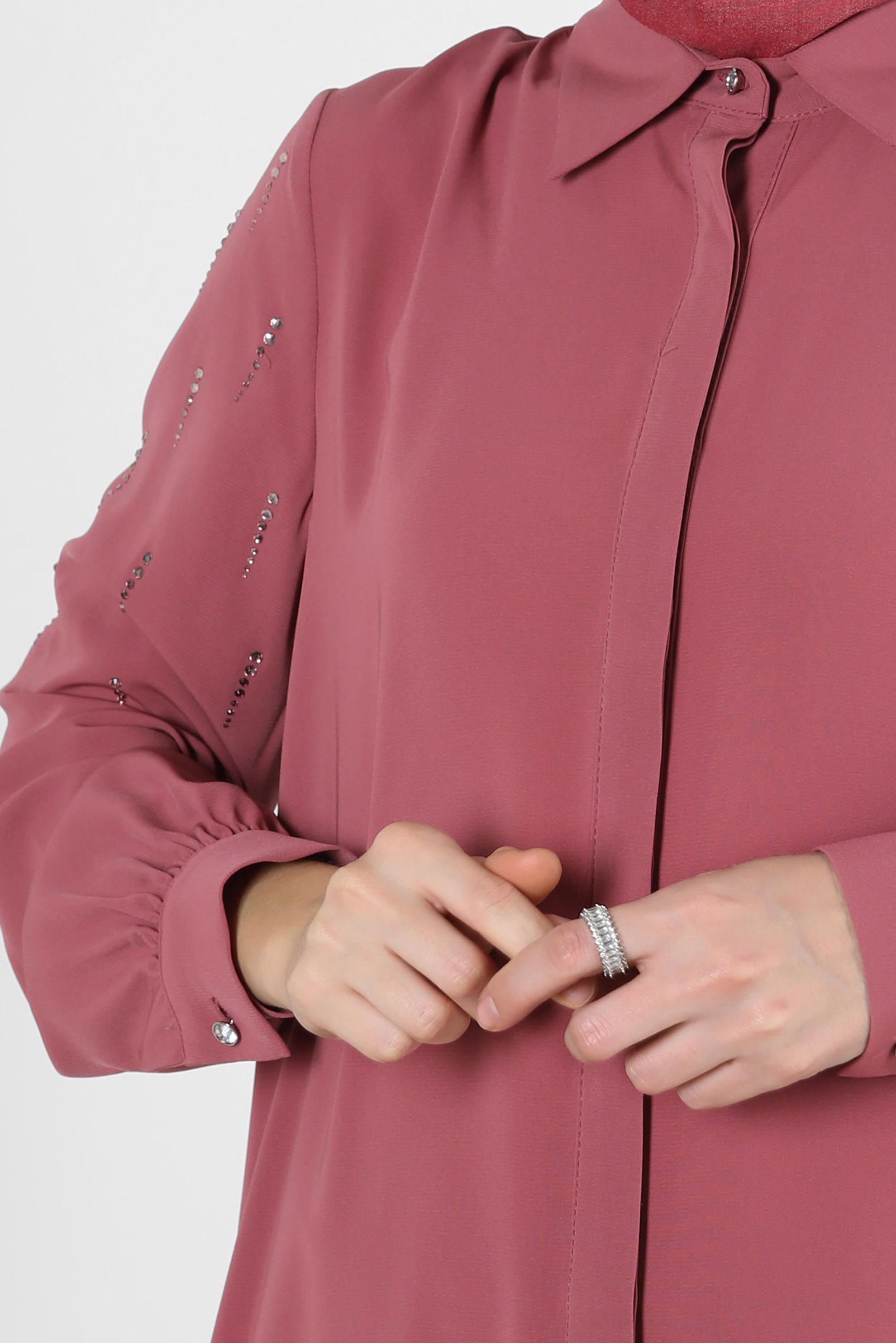 Tesettür giyim PEMBE TAŞ BASKILI ASİMETRİK KESİM GÖMLEK TUNİK 43505