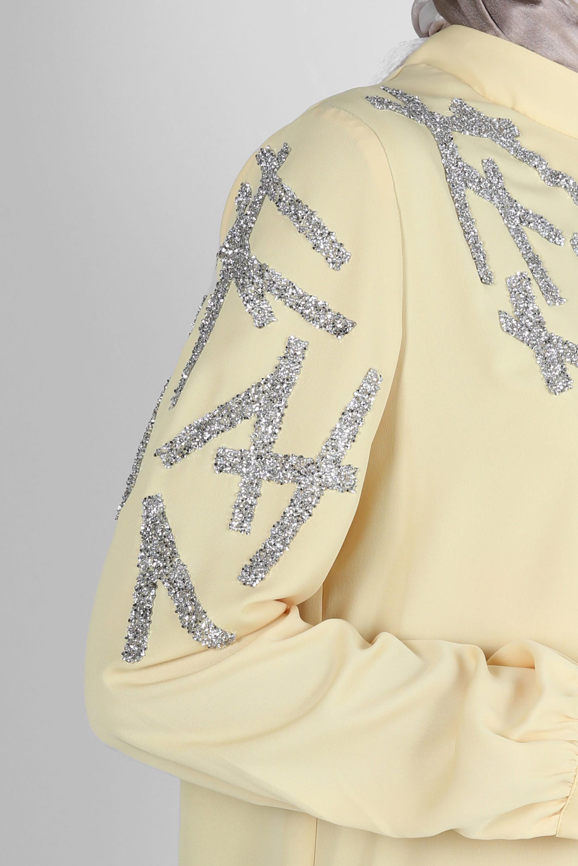 Tesettür giyim SARI TAŞ BASKILI YAKASI BAĞLAMA DETAYLI TUNİK 43506