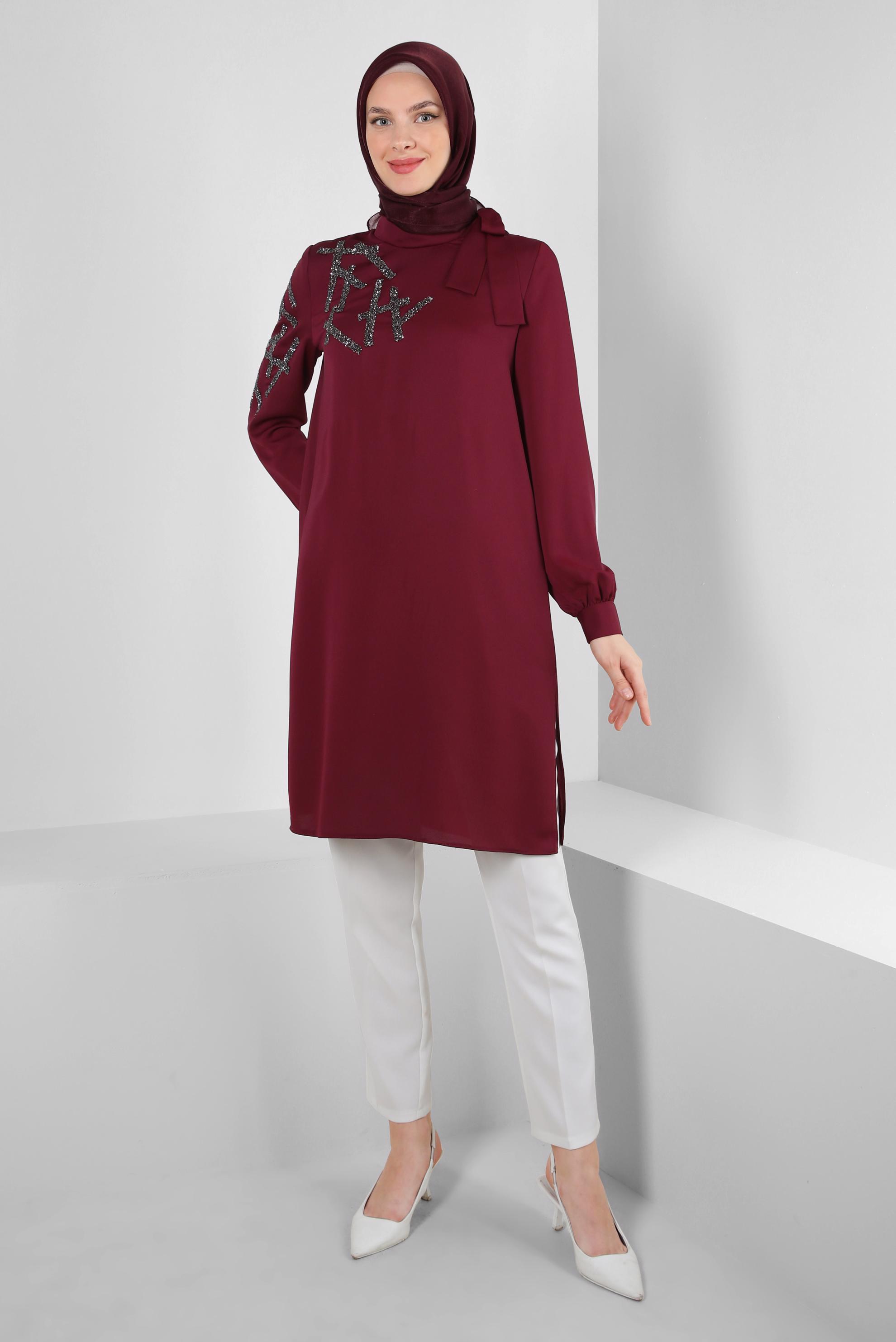 Tesettür giyim MÜRDÜM TAŞ BASKILI YAKASI BAĞLAMA DETAYLI TUNİK 43506