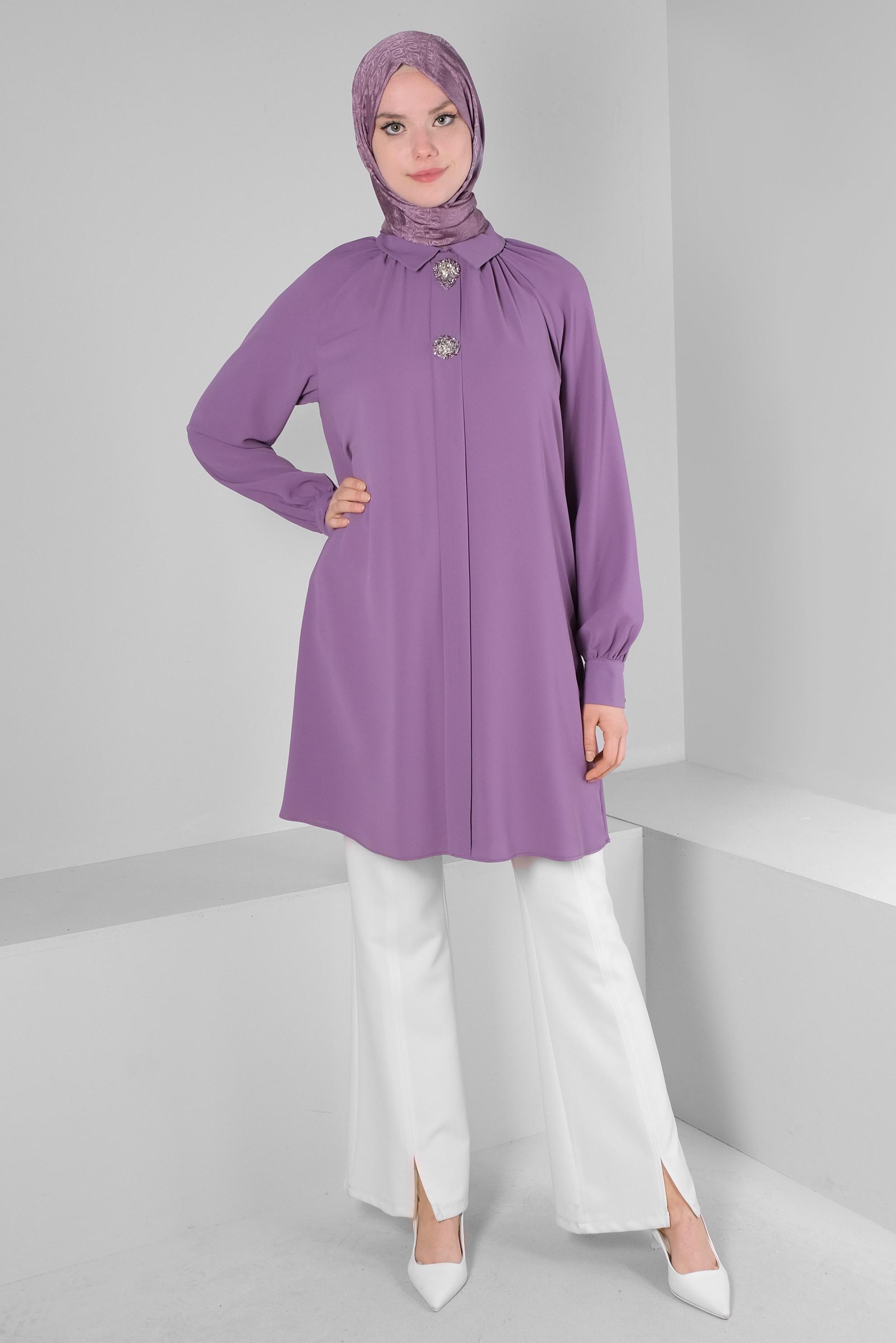 Tesettür giyim MOR AKSESUAR DETAYLI GÖMLEK YAKA TUNİK 43507