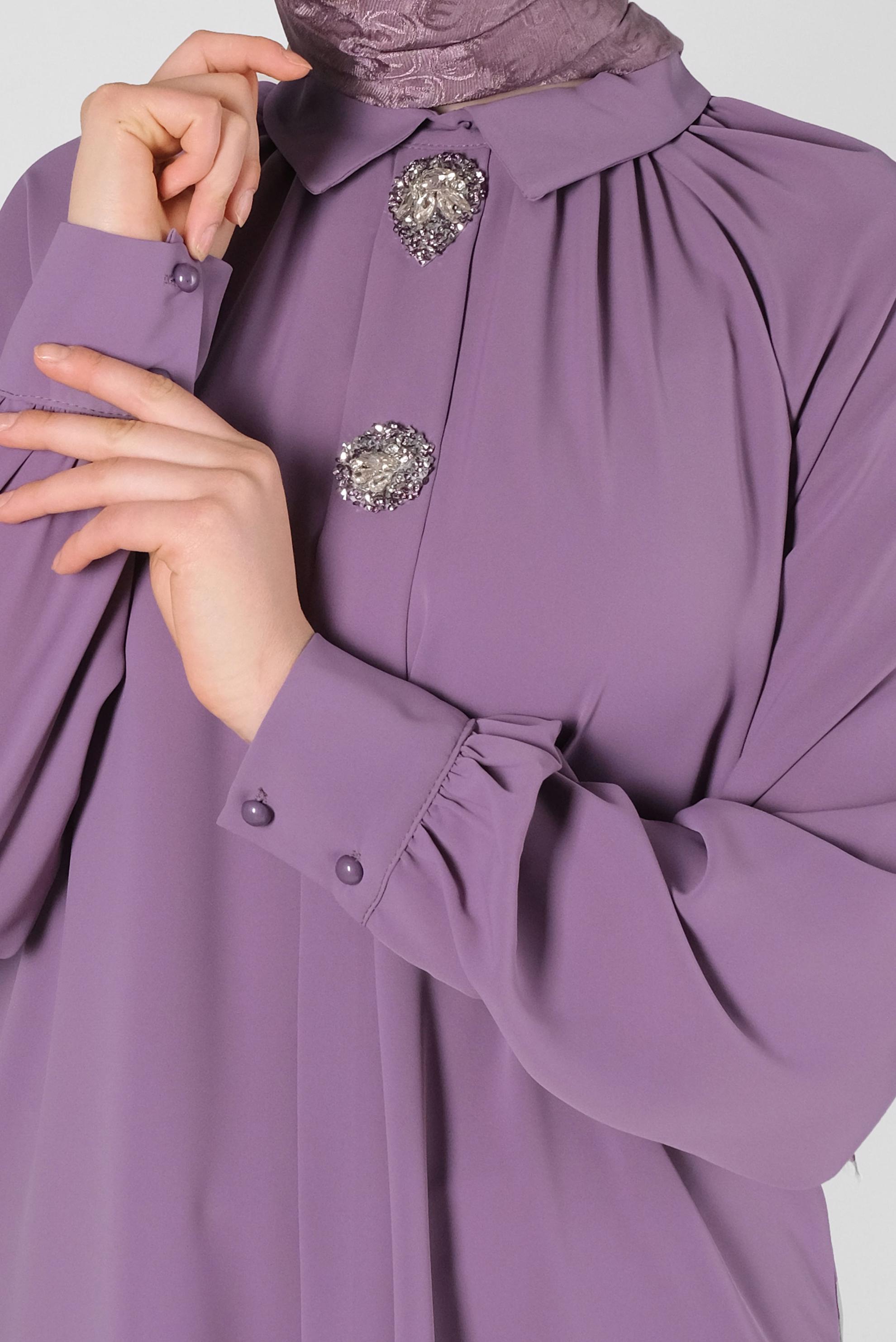 Tesettür giyim MOR AKSESUAR DETAYLI GÖMLEK YAKA TUNİK 43507