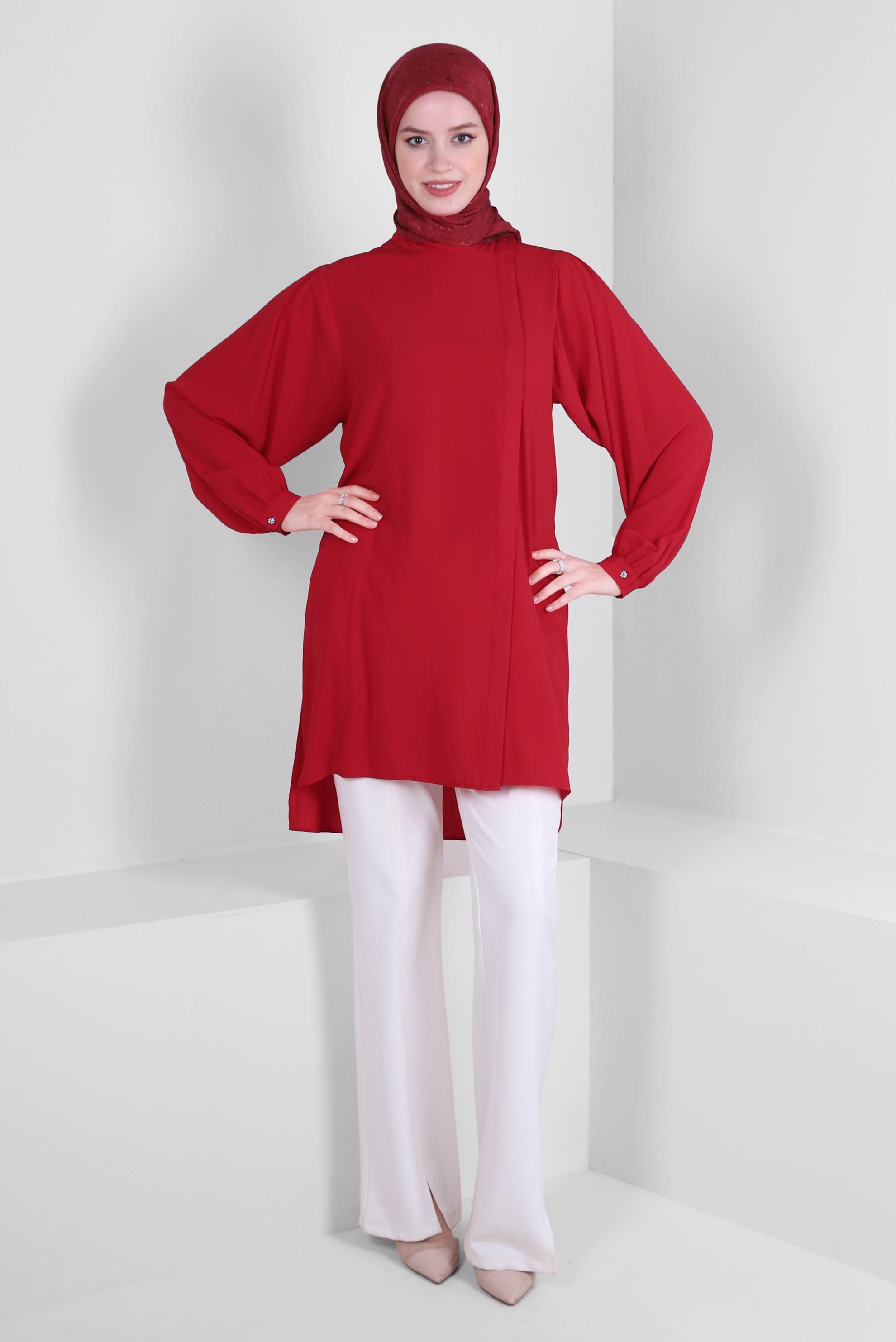 Tesettür giyim KIRMIZI YAKASI BAĞLAMA DETAYLI GİZLİ DÜĞMELİ TUNİK 43508