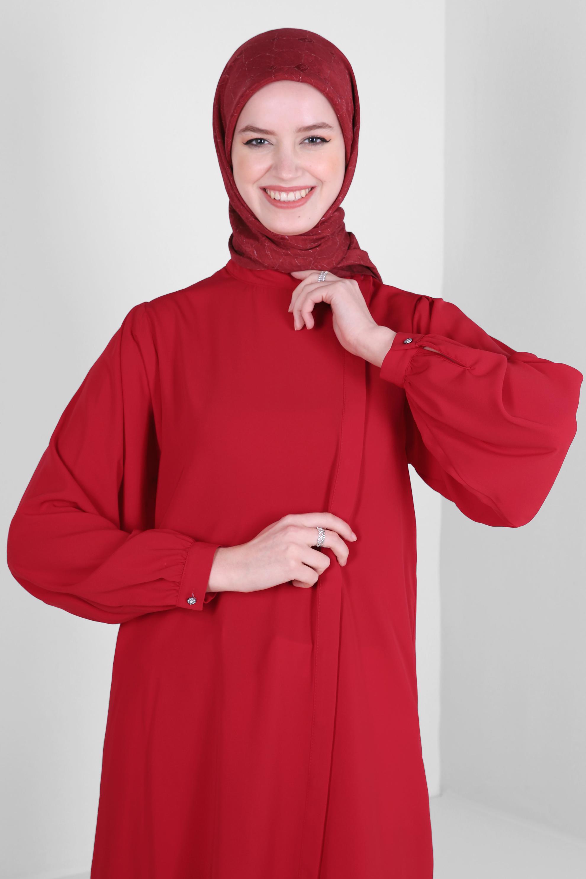 Tesettür giyim KIRMIZI YAKASI BAĞLAMA DETAYLI GİZLİ DÜĞMELİ TUNİK 43508