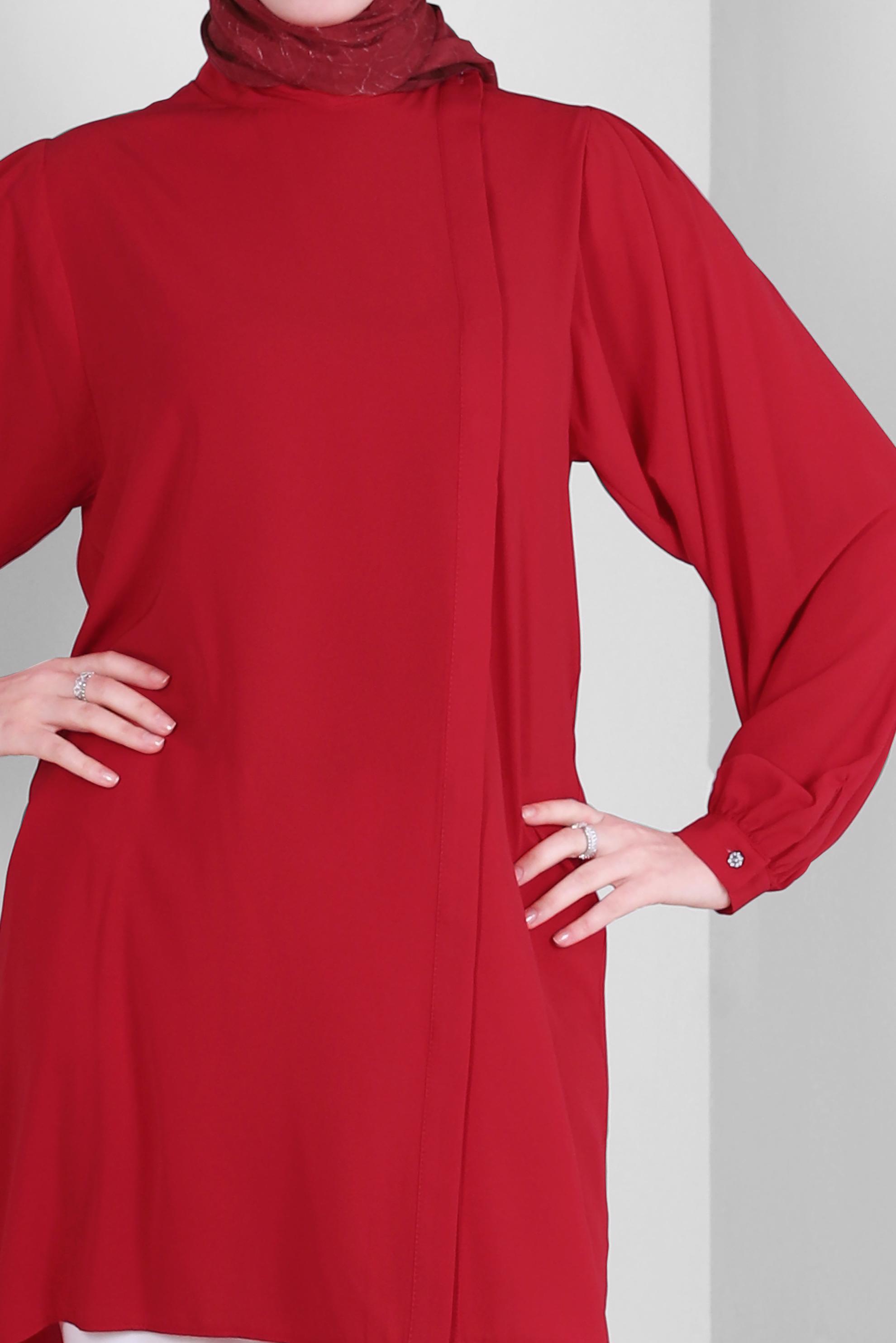 Tesettür giyim KIRMIZI YAKASI BAĞLAMA DETAYLI GİZLİ DÜĞMELİ TUNİK 43508