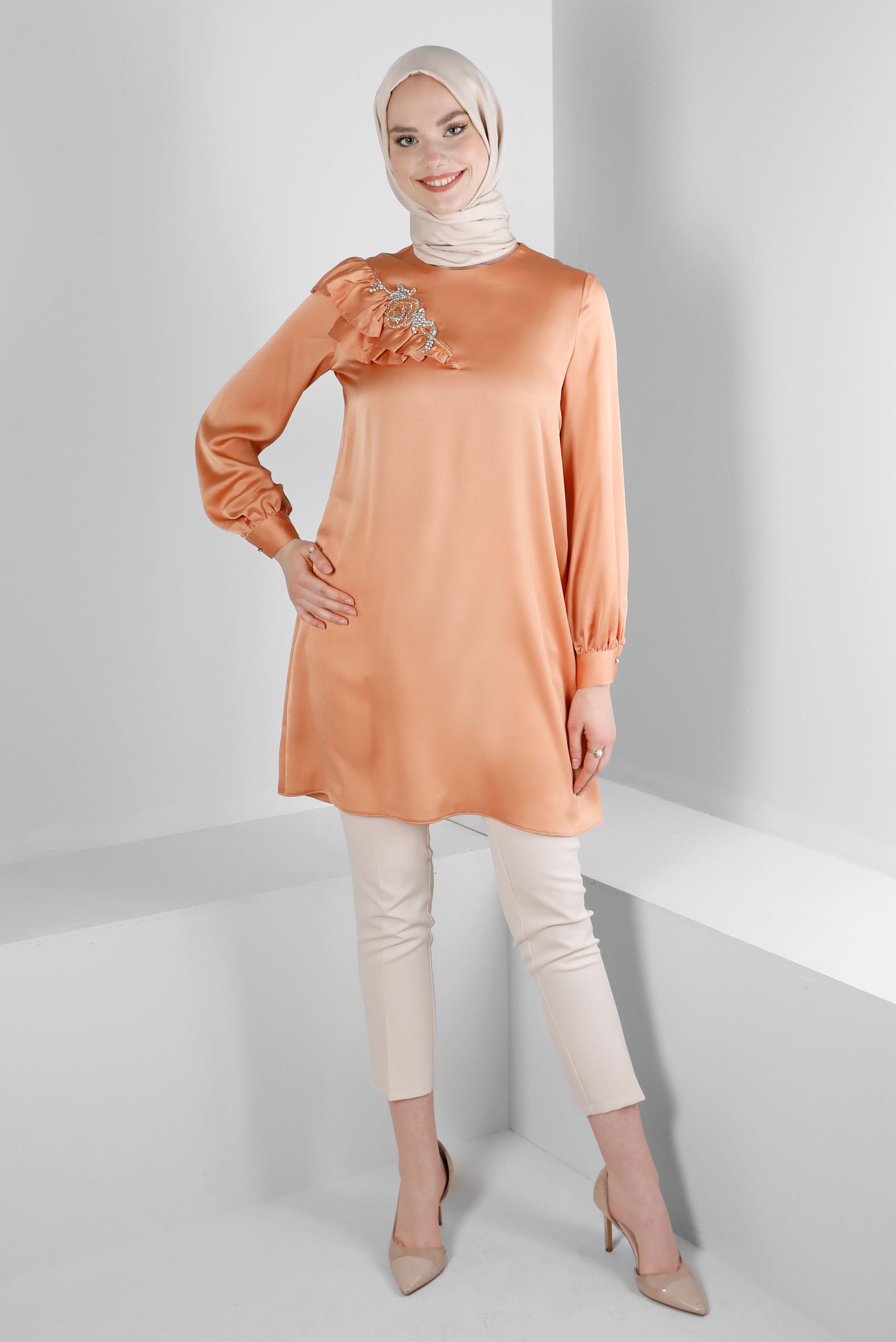 Tesettür giyim TURUNCU VOLAN DETAYLI SATEN TUNİK 43511