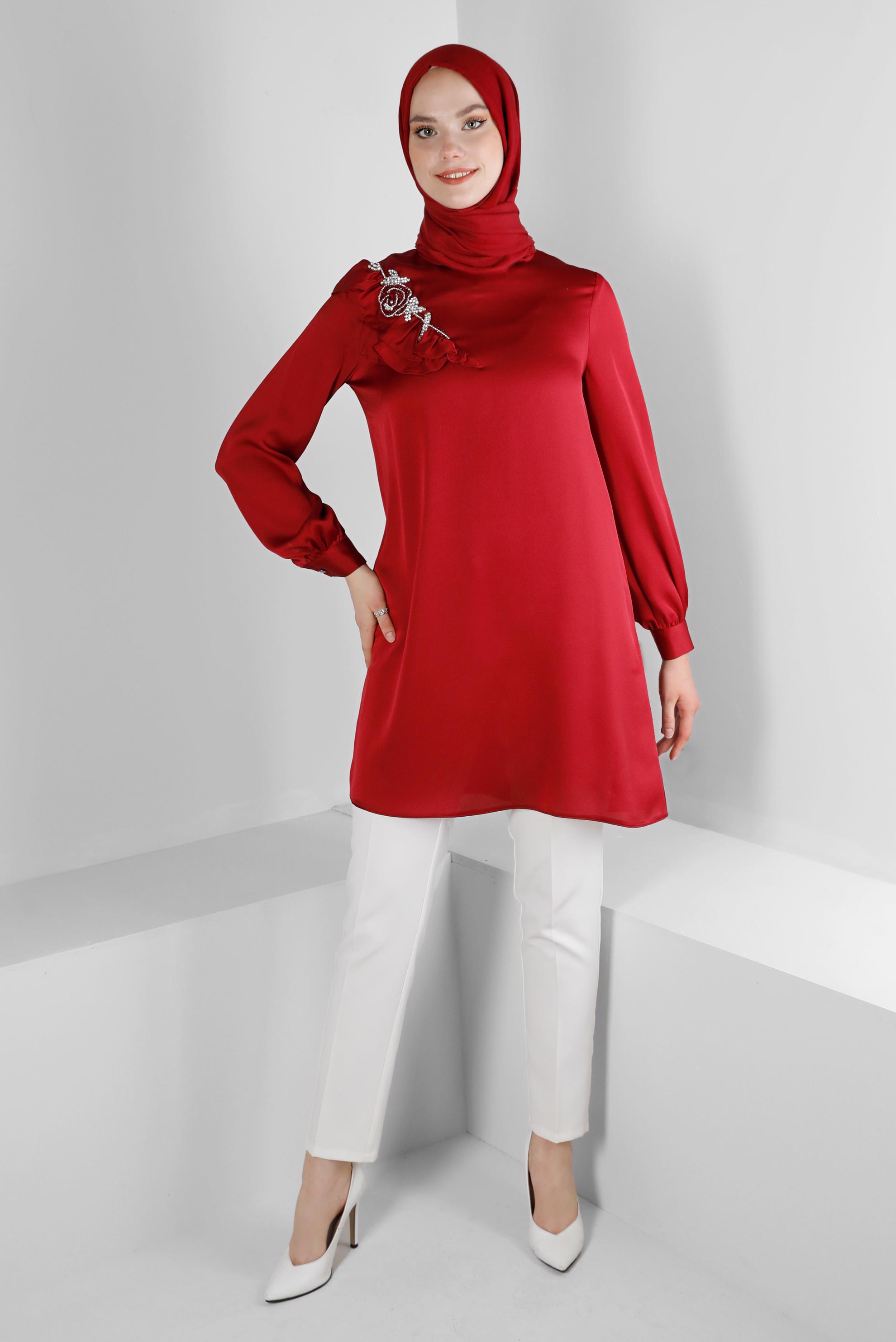 Tesettür giyim BORDO VOLAN DETAYLI SATEN TUNİK 43511