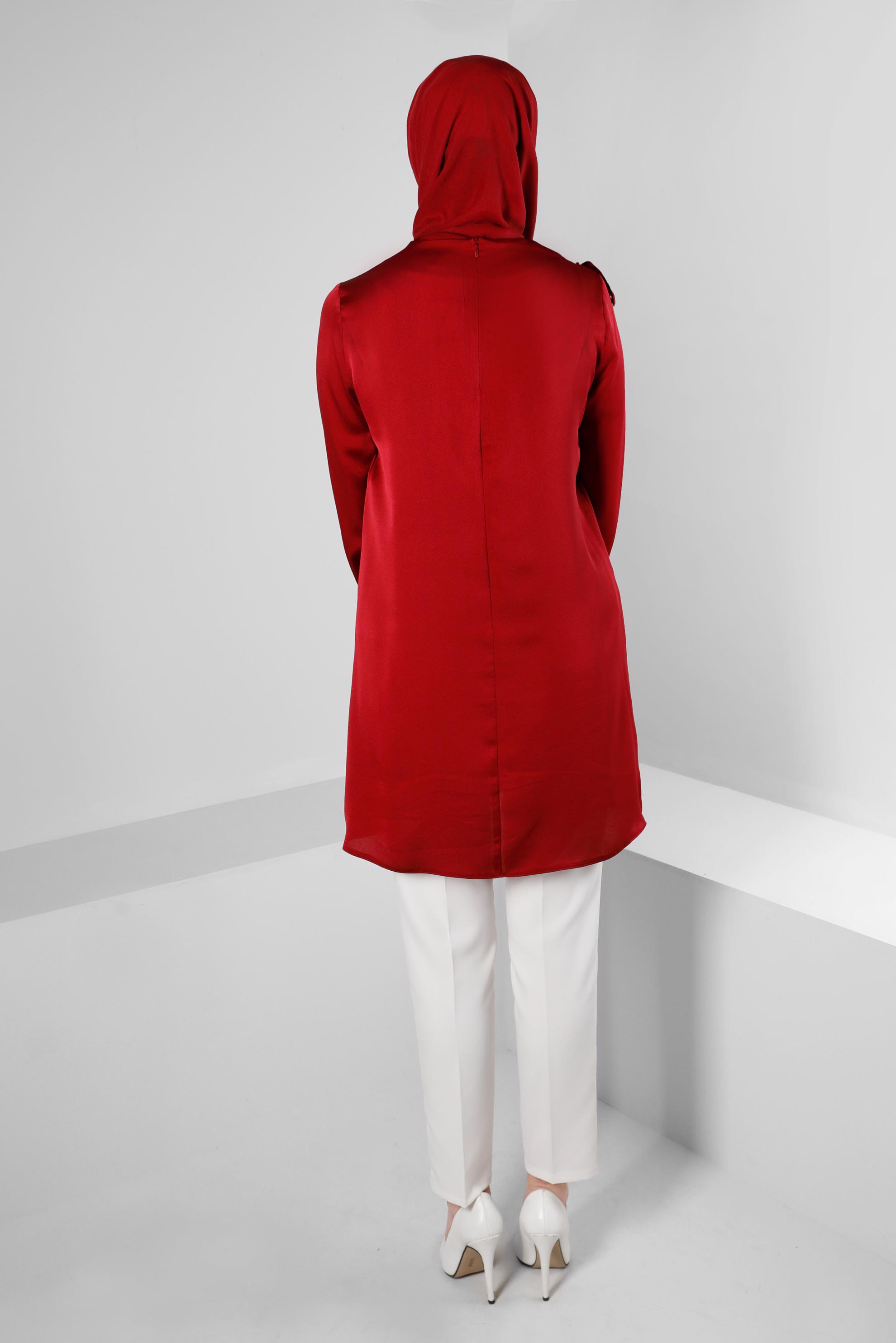 Tesettür giyim BORDO VOLAN DETAYLI SATEN TUNİK 43511