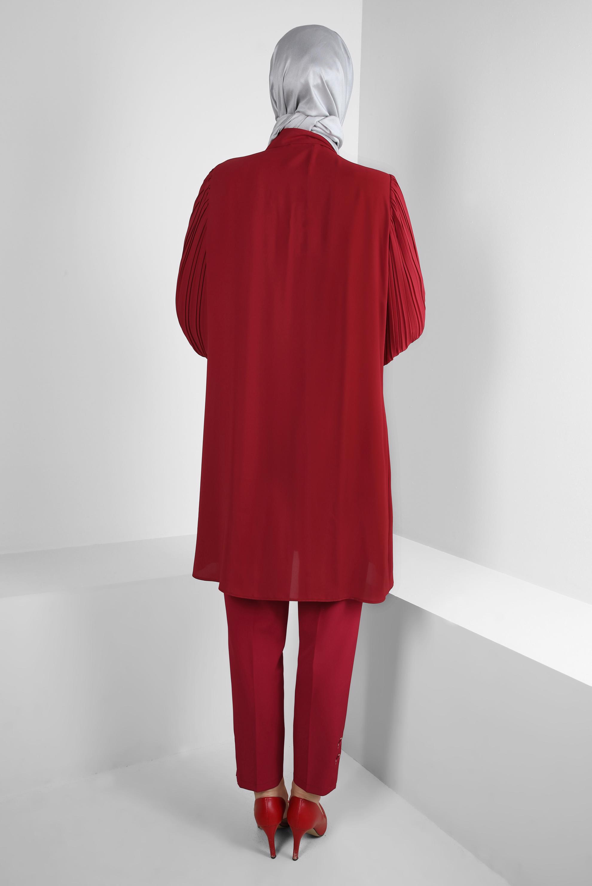 Tesettür giyim KIRMIZI KOLU PİLİSELİ BROŞ DETAYLI TUNİK 43514