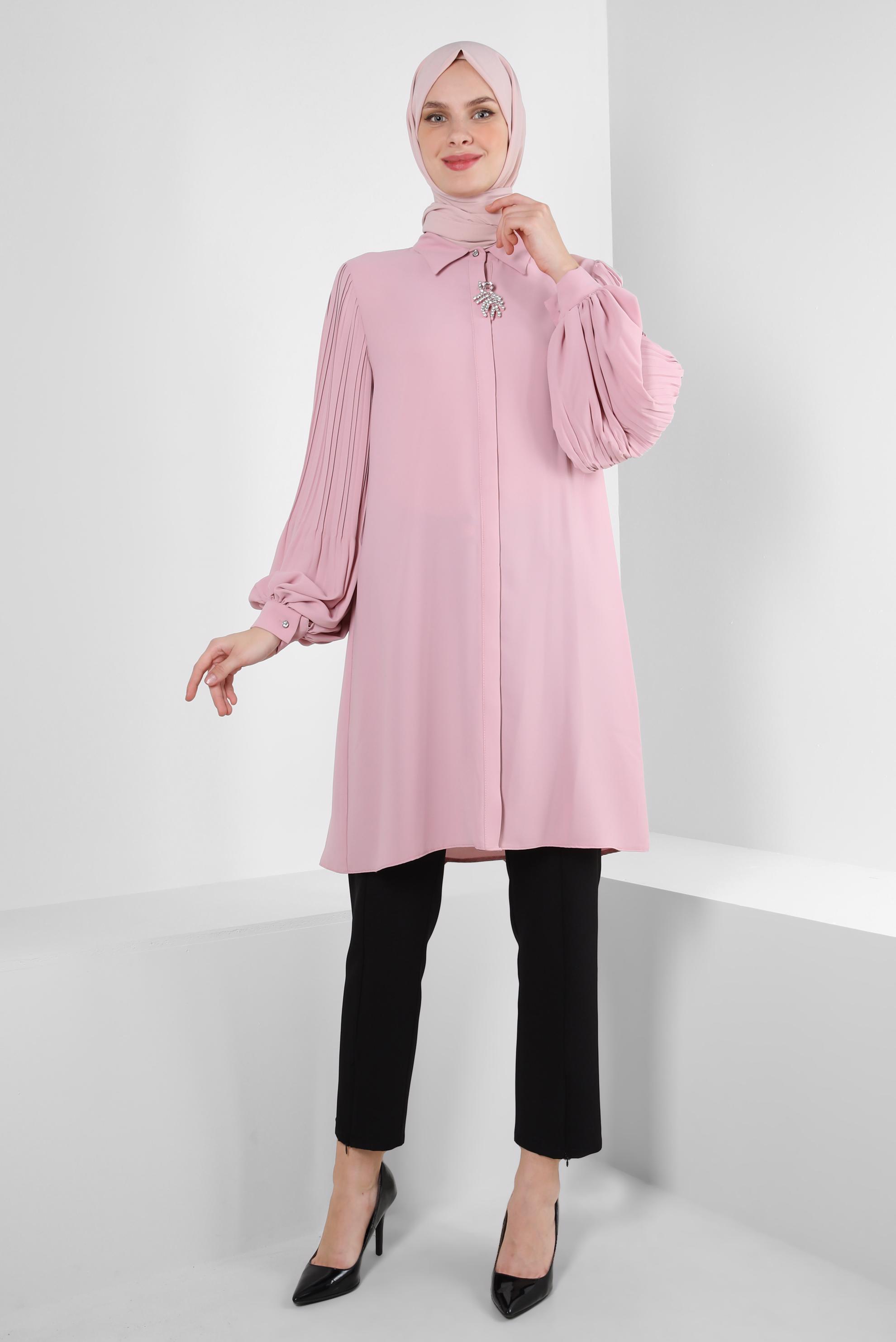 Tesettür giyim PUDRA KOLU PİLİSELİ BROŞ DETAYLI TUNİK 43514