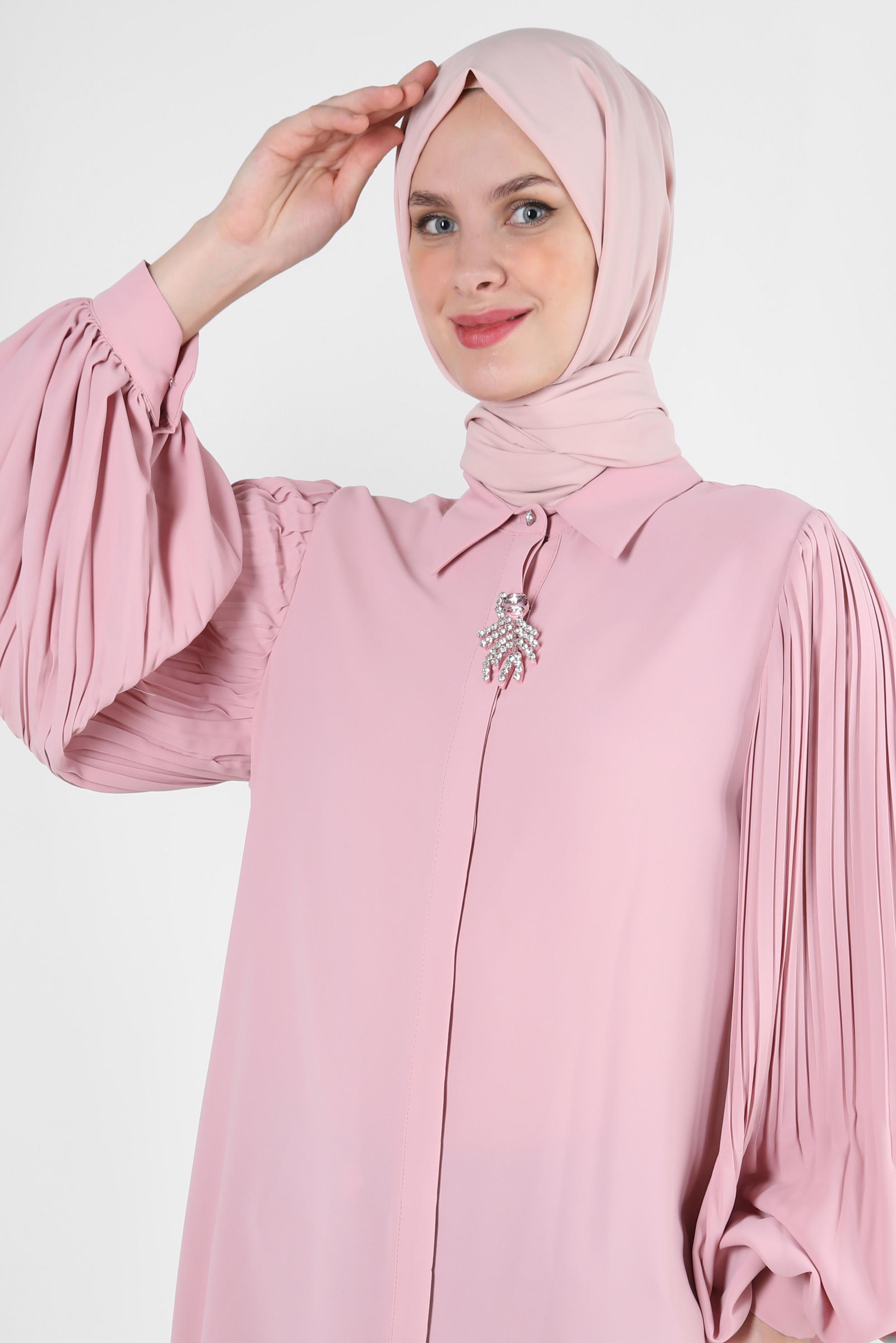 Tesettür giyim PUDRA KOLU PİLİSELİ BROŞ DETAYLI TUNİK 43514