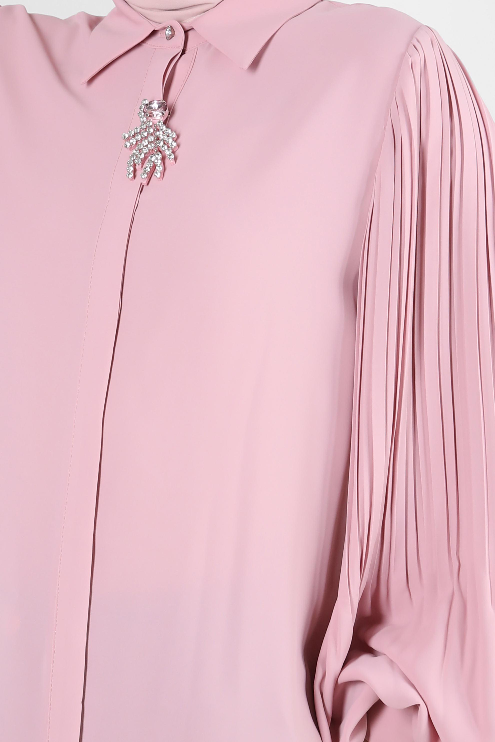 Tesettür giyim PUDRA KOLU PİLİSELİ BROŞ DETAYLI TUNİK 43514