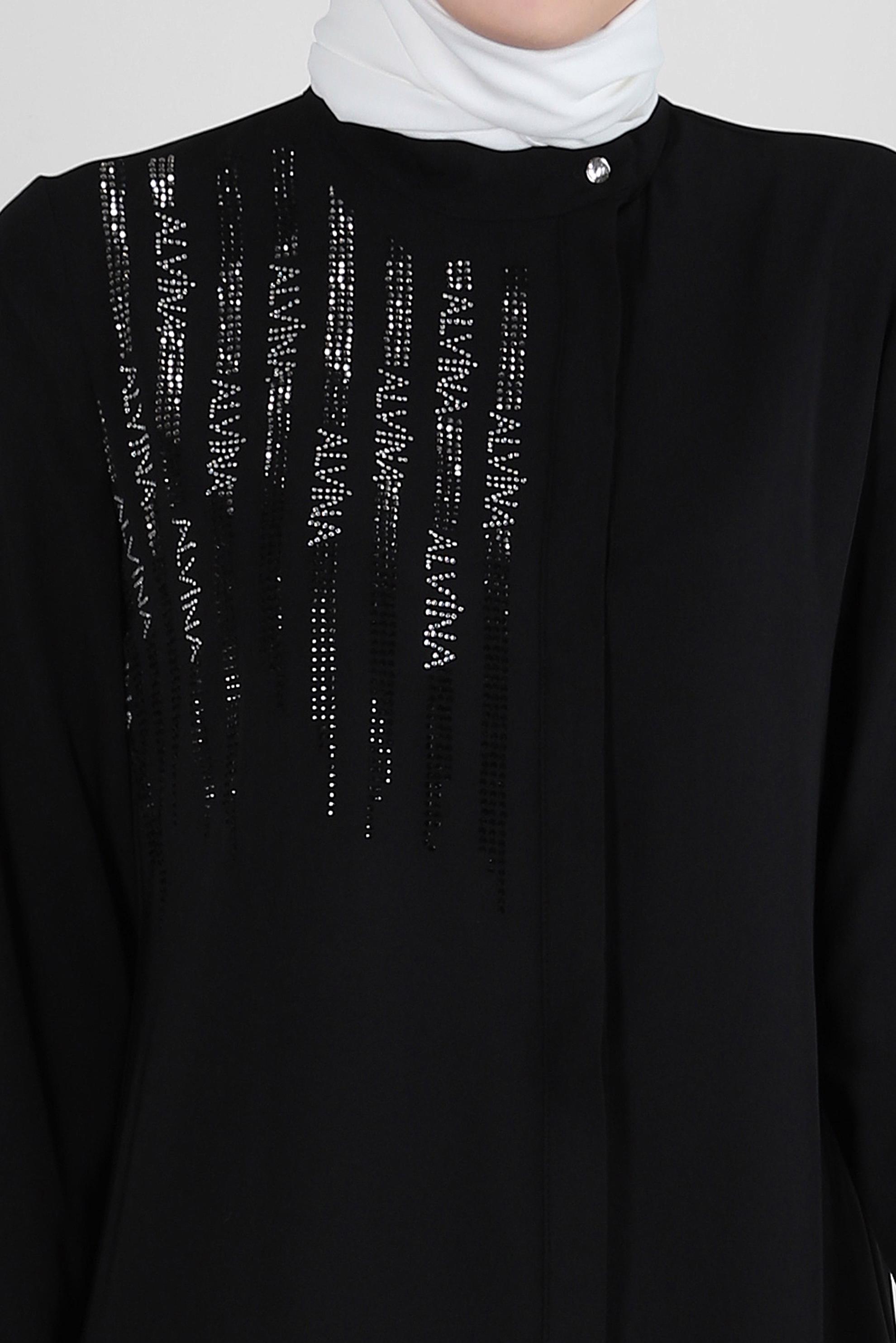 Tesettür giyim SİYAH TAŞ İŞLEMELİ YANI YIRTMAÇLI UZUN TUNİK 43521