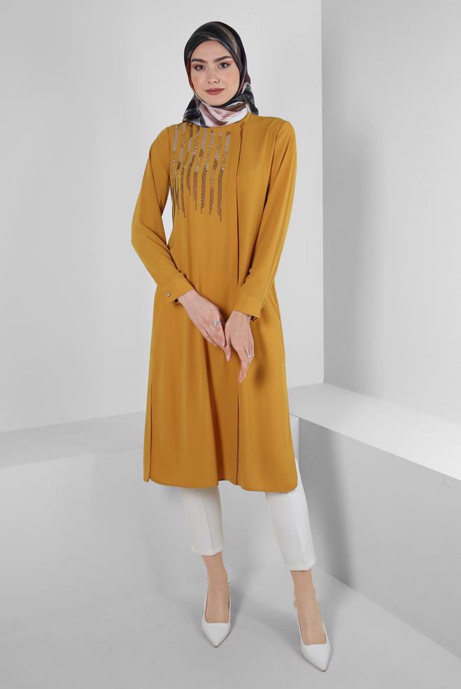 Tesettür giyim SARI TAŞ İŞLEMELİ YANI YIRTMAÇLI UZUN TUNİK 43521 - ALVİNA
