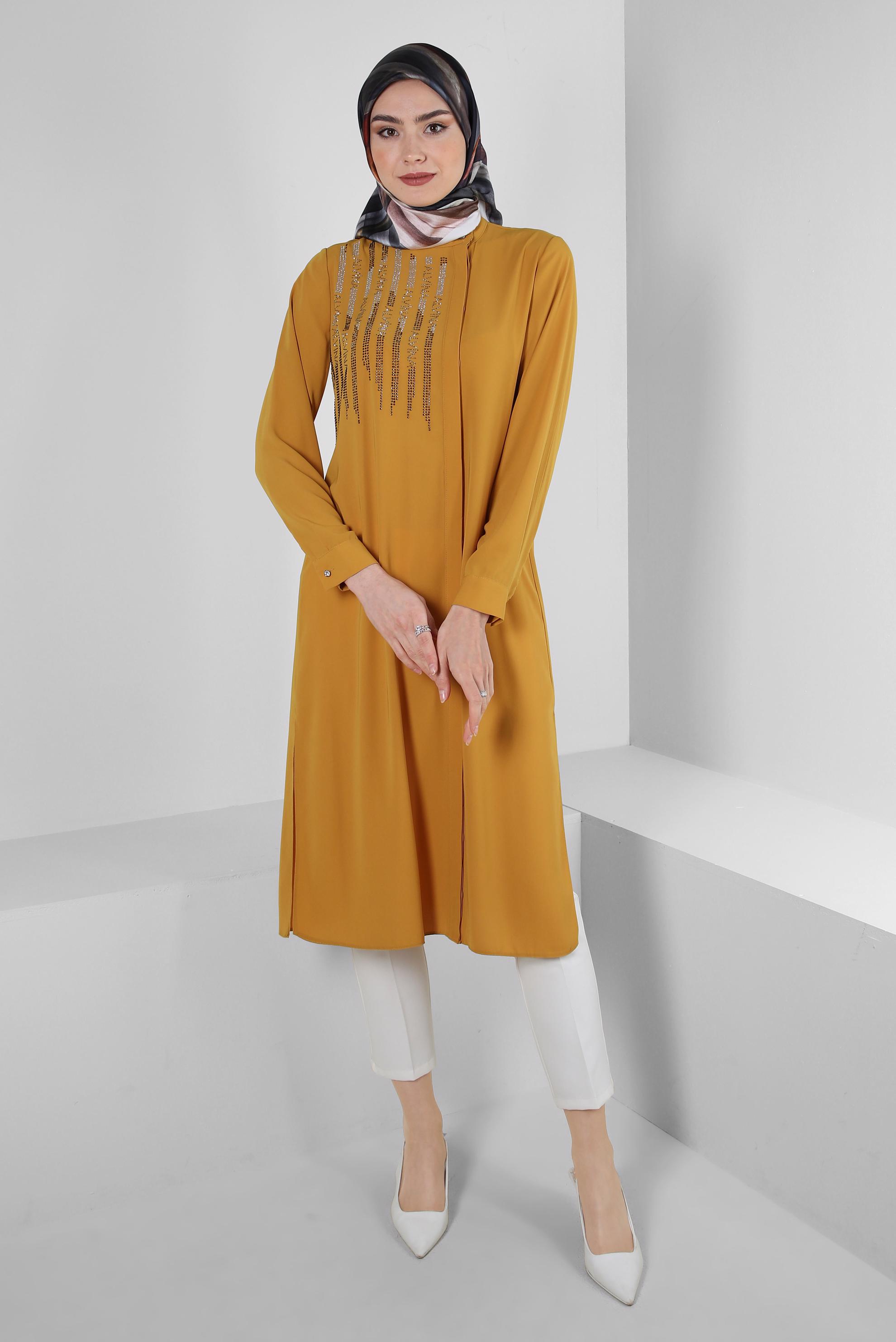 Tesettür giyim SARI TAŞ İŞLEMELİ YANI YIRTMAÇLI UZUN TUNİK 43521