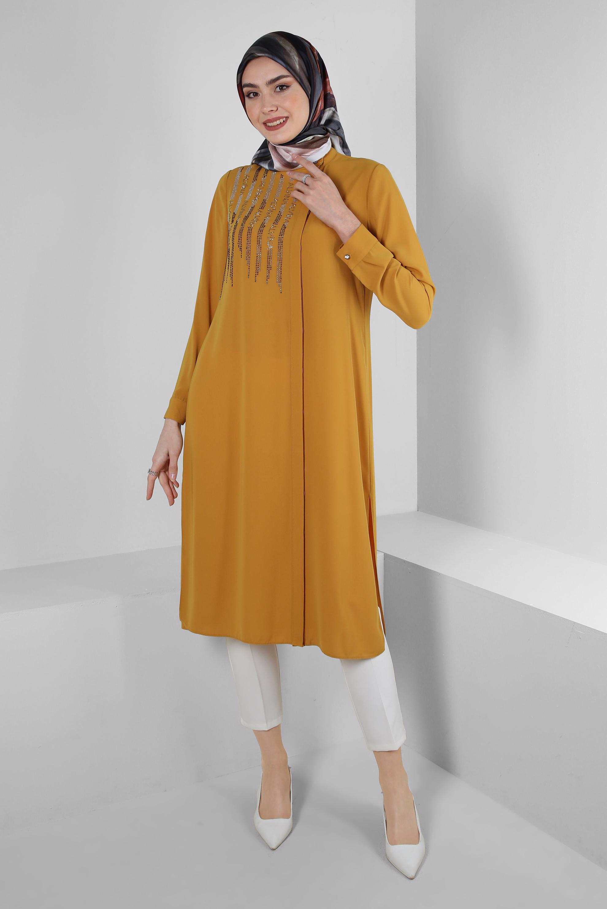 Tesettür giyim SARI TAŞ İŞLEMELİ YANI YIRTMAÇLI UZUN TUNİK 43521