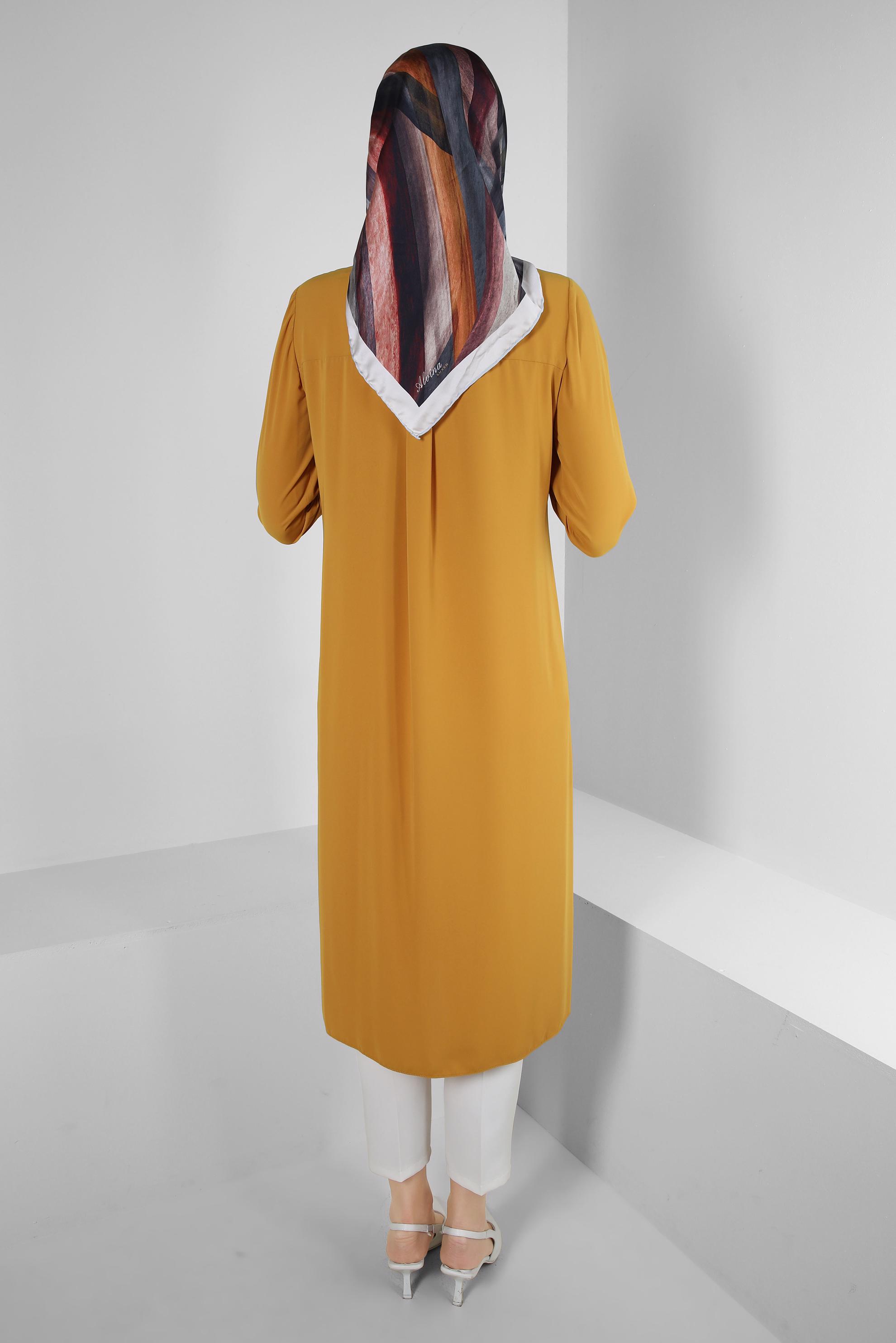 Tesettür giyim SARI TAŞ İŞLEMELİ YANI YIRTMAÇLI UZUN TUNİK 43521