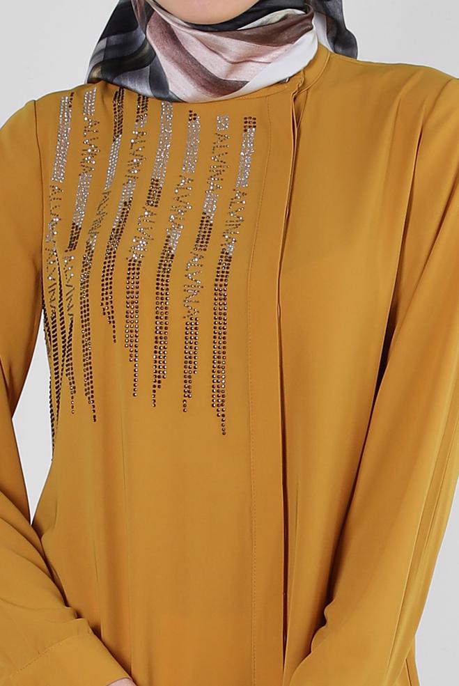 Tesettür giyim SARI TAŞ İŞLEMELİ YANI YIRTMAÇLI UZUN TUNİK 43521 - ALVİNA
