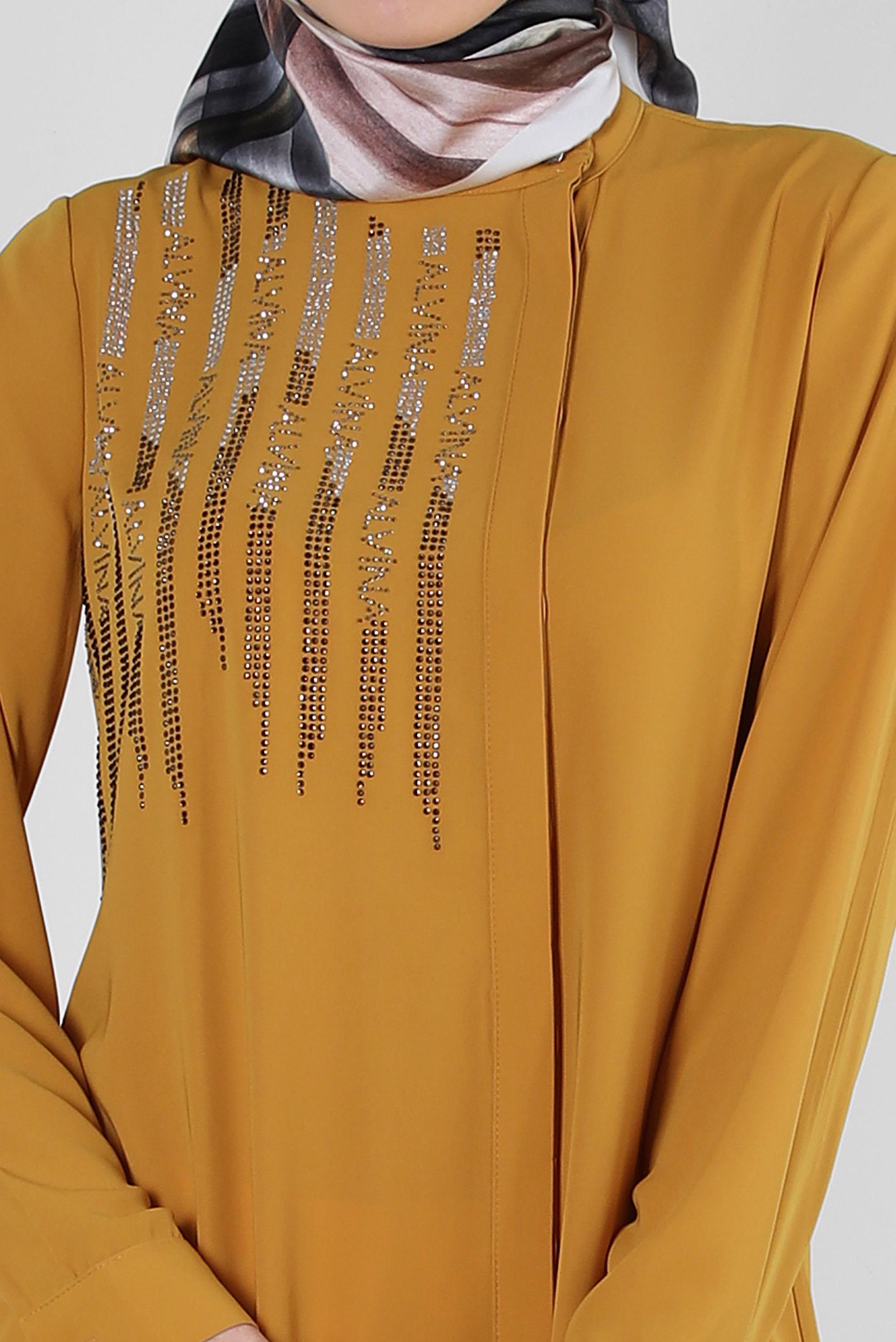 Tesettür giyim SARI TAŞ İŞLEMELİ YANI YIRTMAÇLI UZUN TUNİK 43521