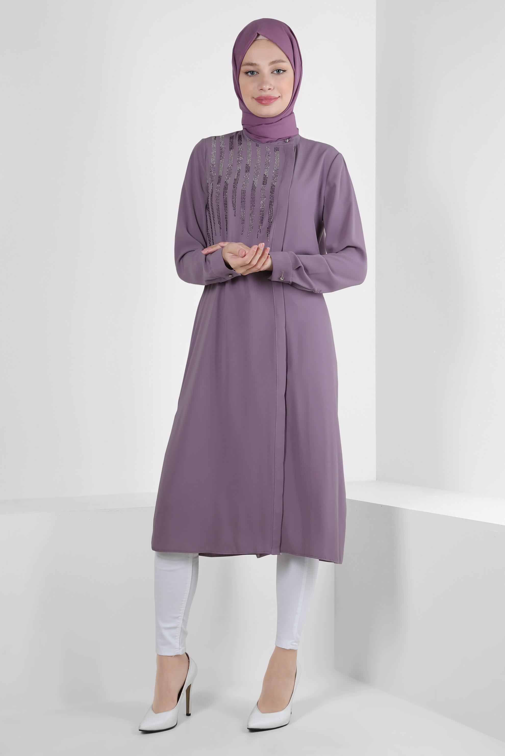 Tesettür giyim MOR TAŞ İŞLEMELİ YANI YIRTMAÇLI UZUN TUNİK 43521