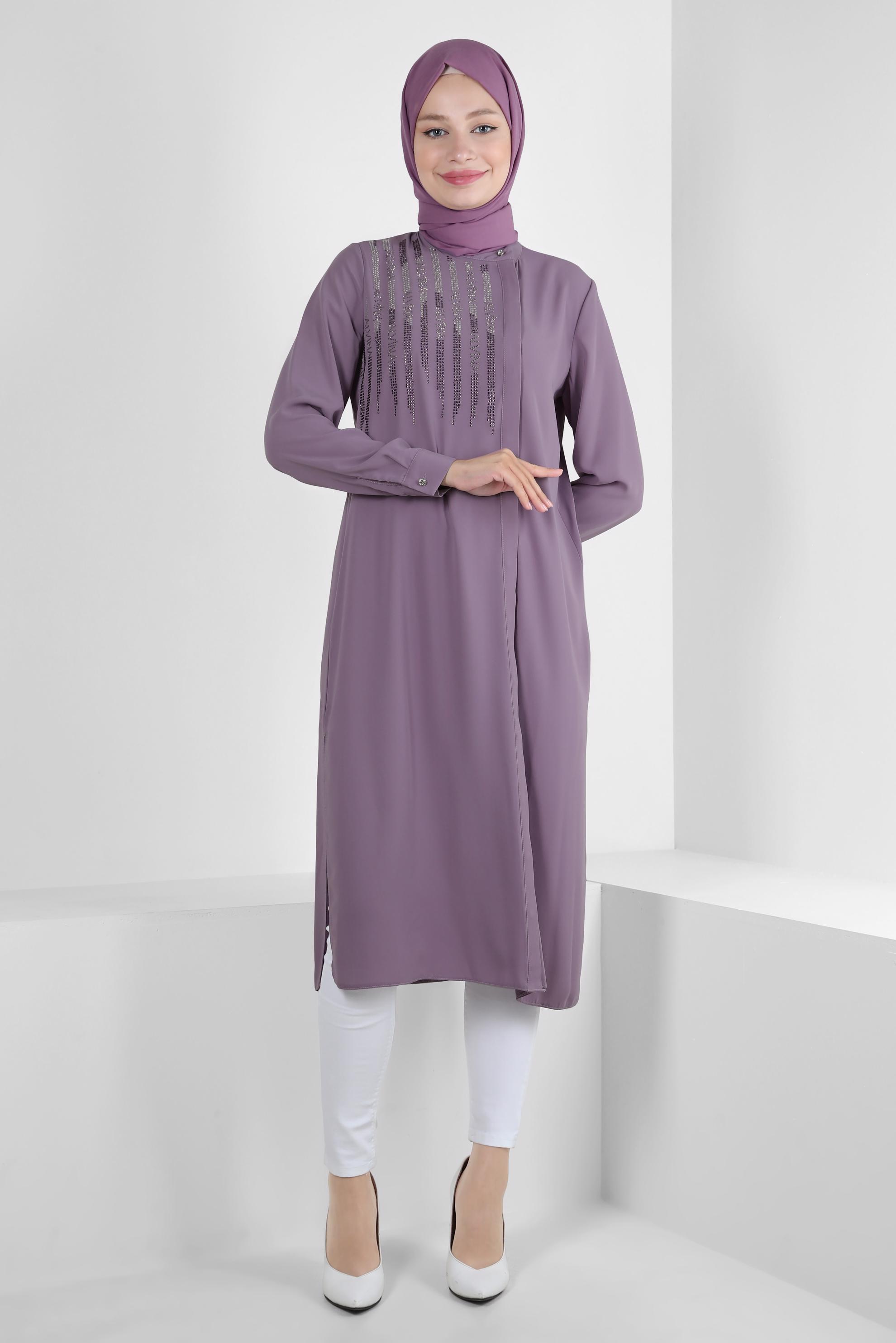 Tesettür giyim MOR TAŞ İŞLEMELİ YANI YIRTMAÇLI UZUN TUNİK 43521